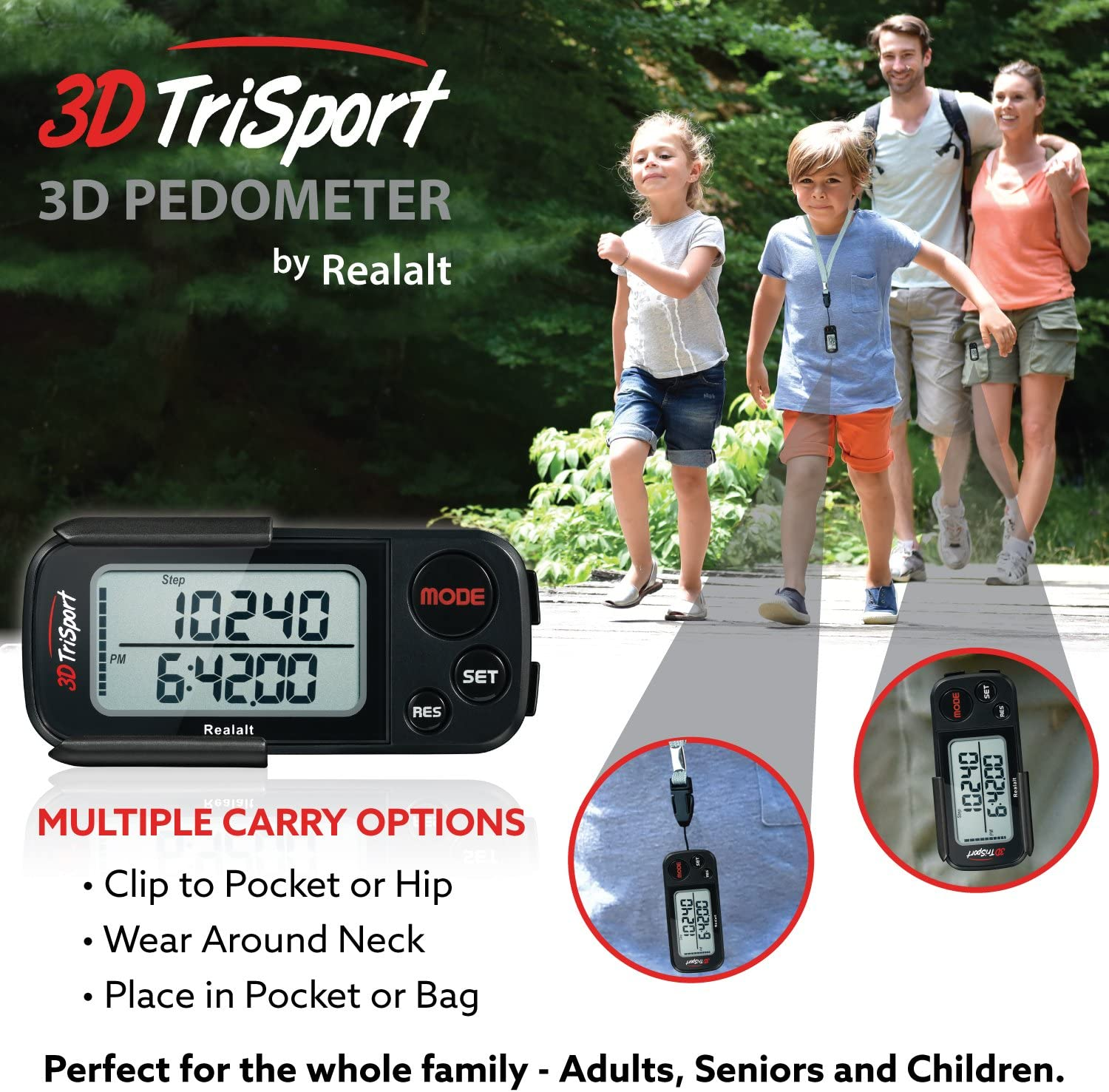 3Dtrisport Walking 3D Pedometer with Clip and Strap, Free Ebook | 30 Days Memory, Accurate Step Counter, Walking Distance Miles/Km, Calorie Counter, Daily Target Monitor, Exercise Time. image number 6