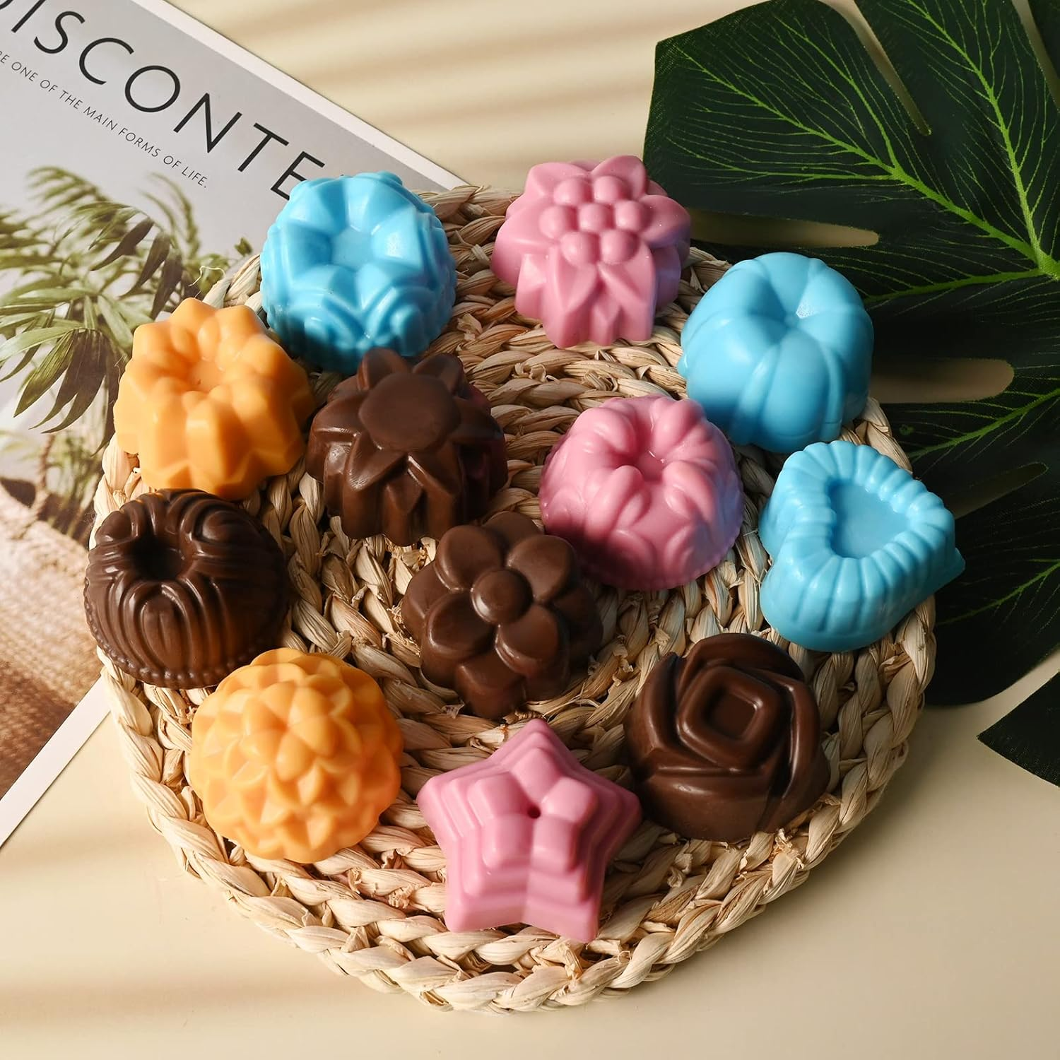 Sakolla 3 Pack Flower Molds Silicone, 12 Cavities Different Shapes Silicone Molds for Chocolate, Cupcake, Candy, Jelly, Ice Cube, Muffin (Pink, Purple, Blue) image number 4