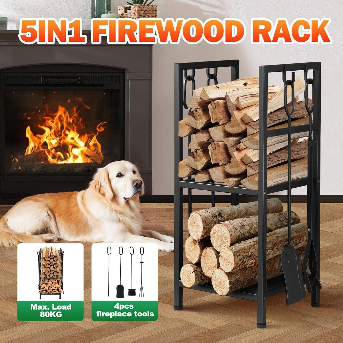 5In1 Firewood Storage Rack Fire Place Tool Kit Wrought Iron Firewood Log Storage Holder Firepit Tools Set for Fireplace, Fire Pit, Stove W/Hook, Broom, Shovel, Tongs - Black