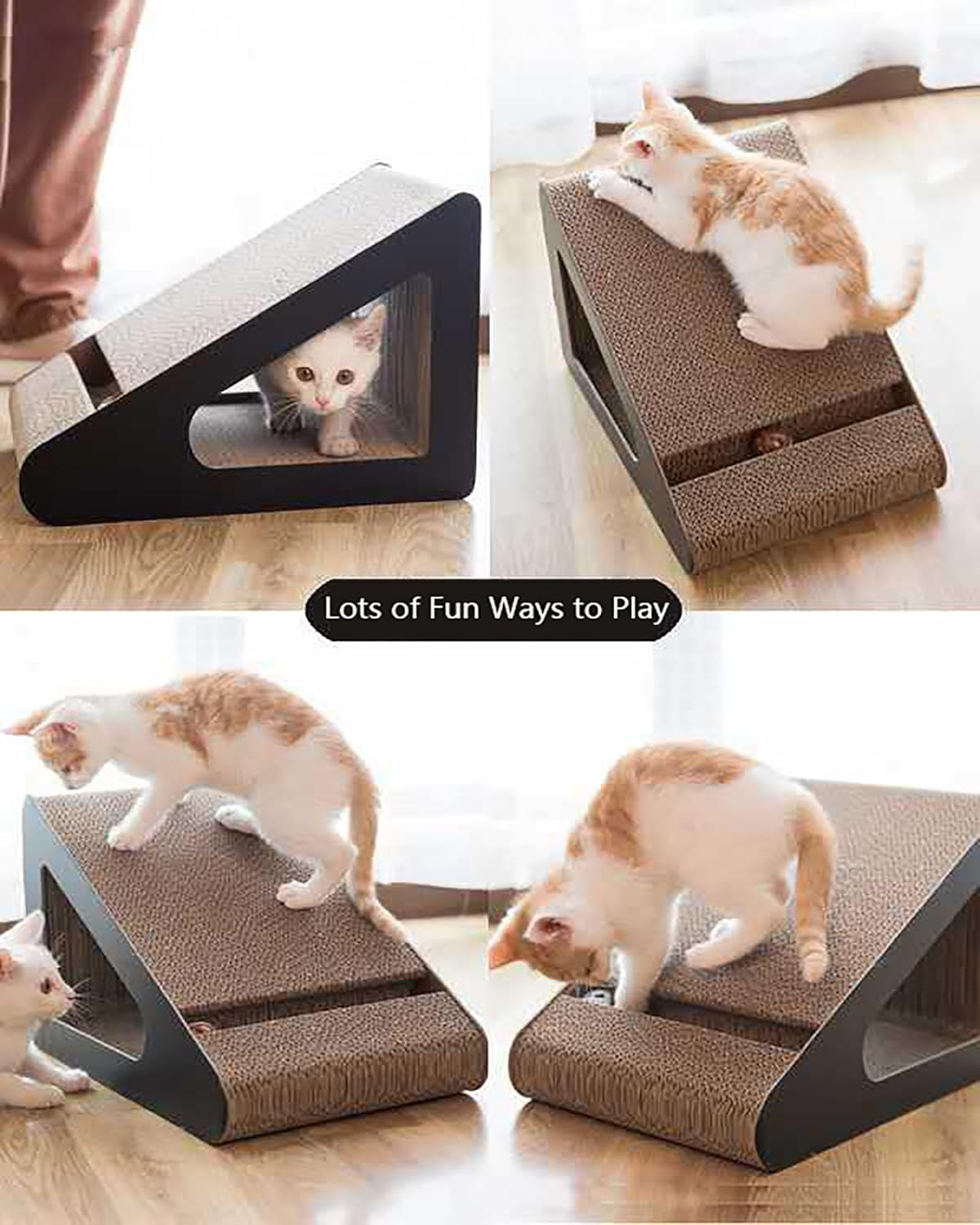 Triangle Cat Scratcher Lounge with Interactive Ball, Reversible Scratching Pad & Resting Bed for Indoor Cats, 38Cm Large Corrugated Cardboard Toy image number 3