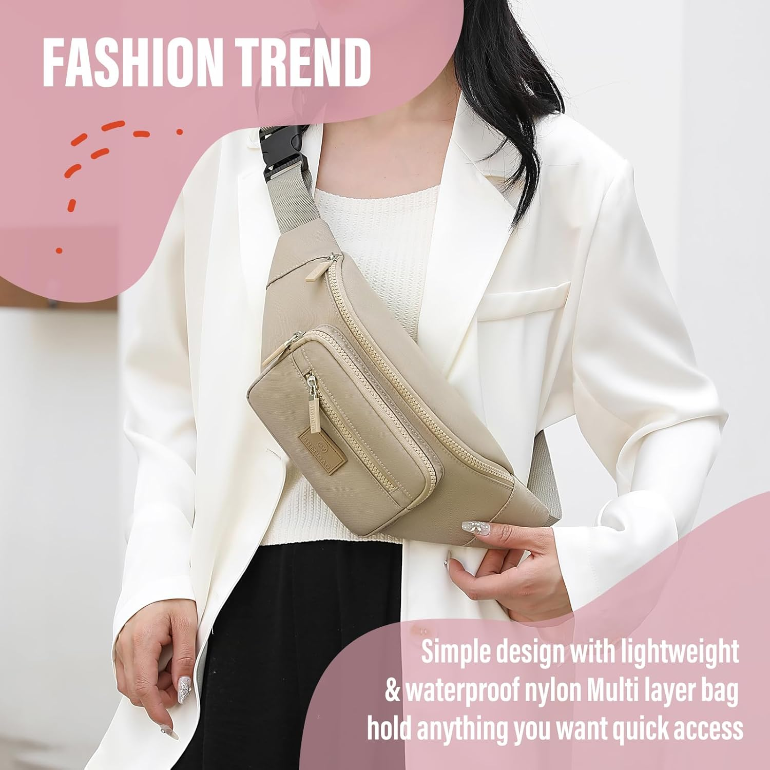 Women Bumbag Bag, 3-Layer Waterproof Waist Bag, Large Capacity Bright Colors Fanny Pack for Women (Khaki) - Green image number 6