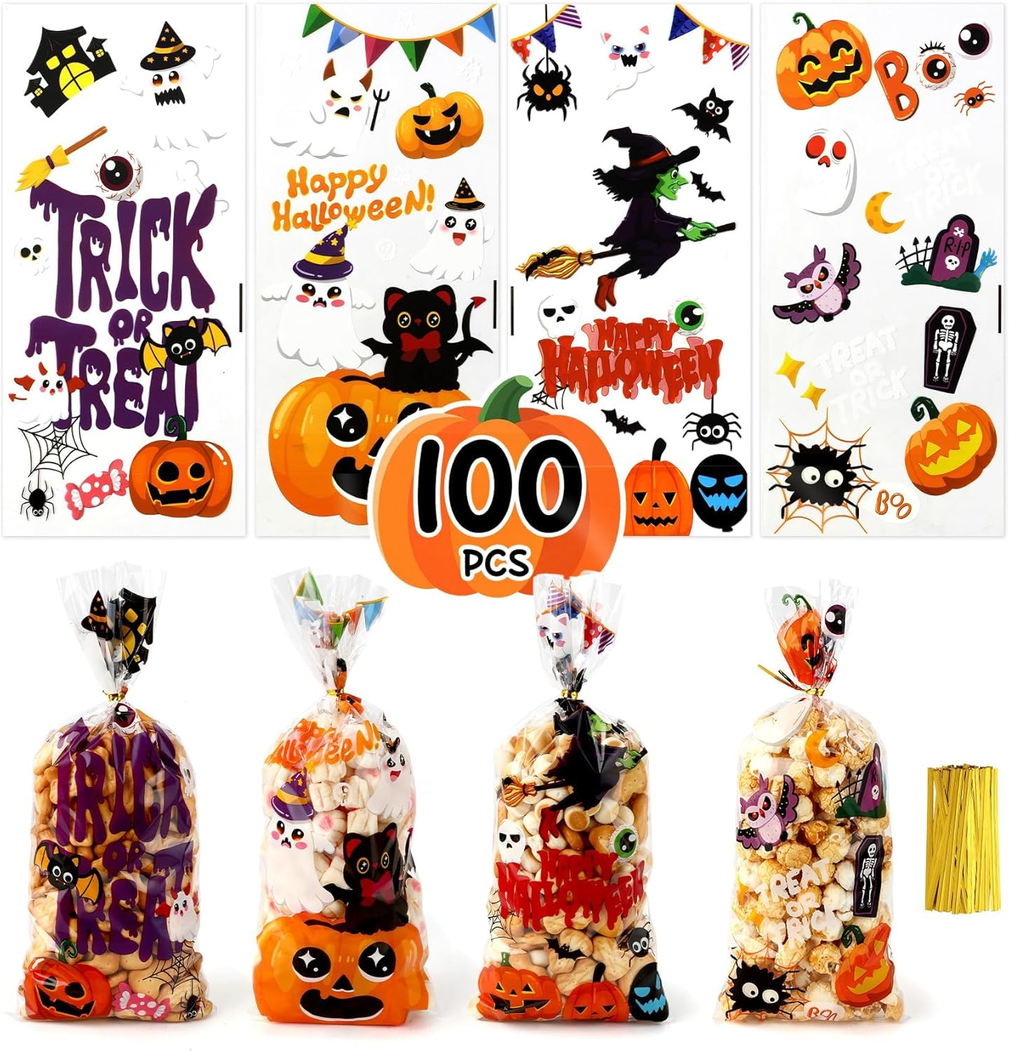 Halloween Candy Treat Bags,100Pcs Five Styles Clear Cellophane Goodies Bags with 100PCS Twist Ties,Transparent Party Gift Supplies for Trick or Treat Snacks Cookies Popcorn Candy,For Halloween Party