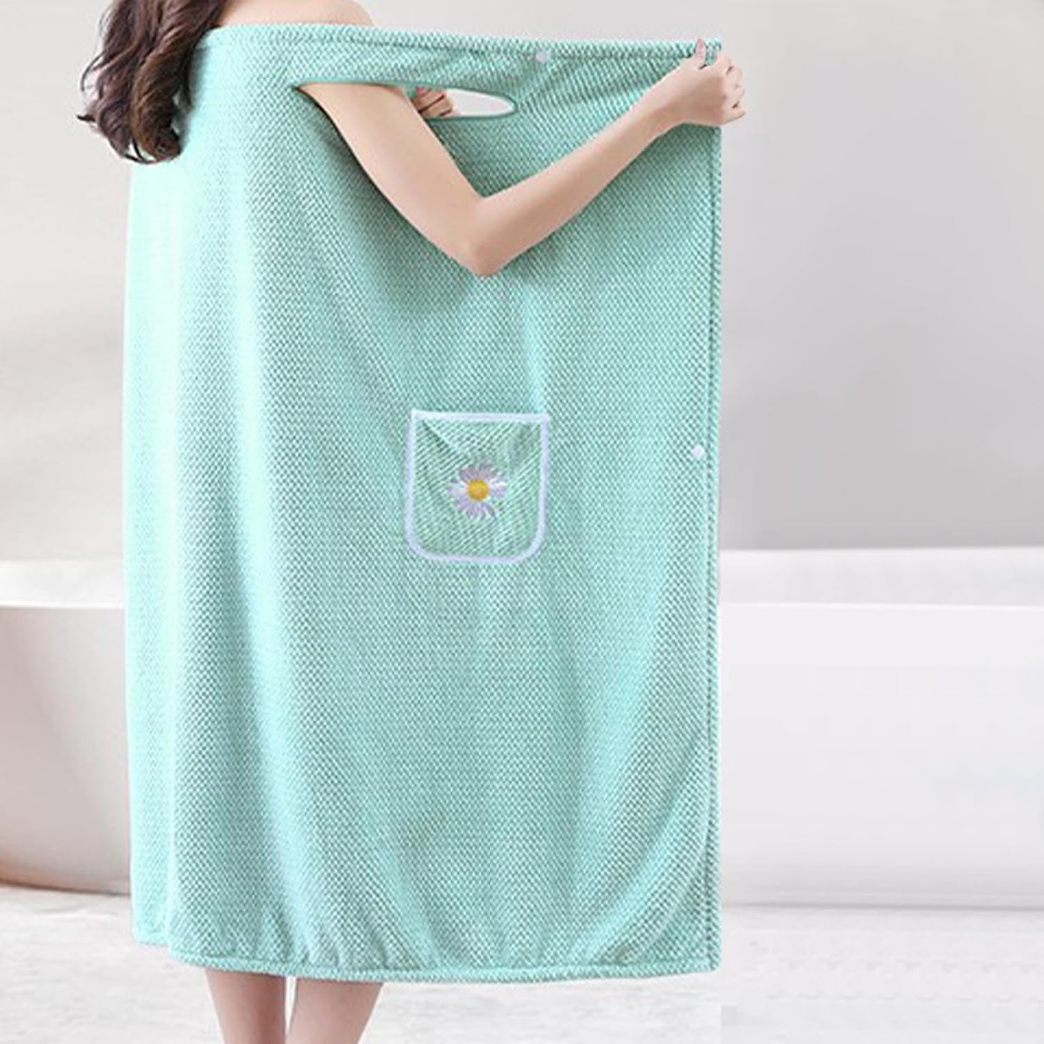 Womens Wearable Bath Towel, with Pockets Bathrobe Bath Towel Wrap, Bathtub Shower Dress, Absorbent Bathing Skirt for Sauna Spa Shower,Bath Towels,Suitable for Home, Swimming, Beach (Pink) - Green image number 4