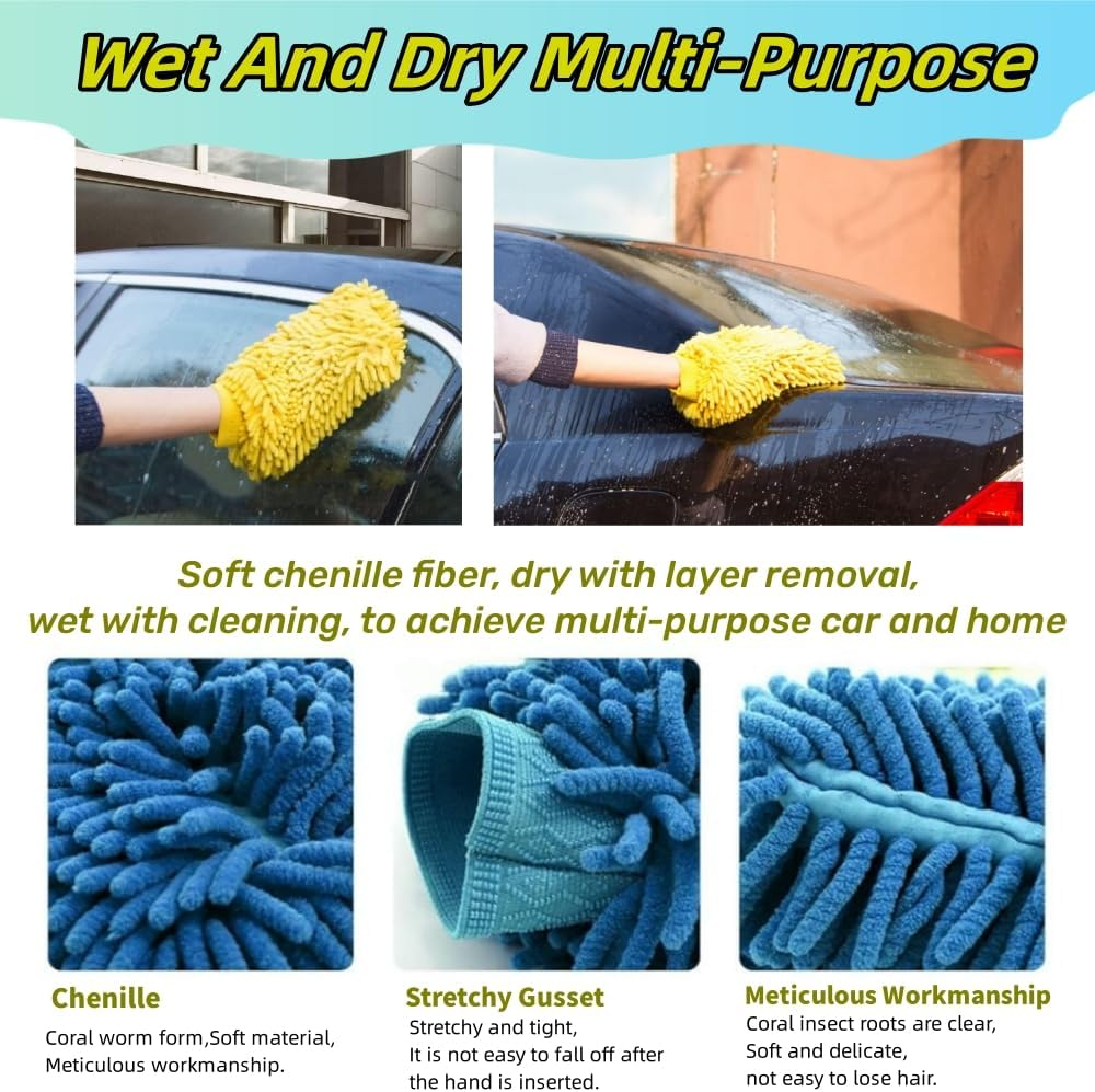 FUNNTY 2PCS Car Wash Mitt,Scratch-Free Car Wash Mitt,Microfiber Wash Mitt, Double-Sided Car Washing Gloves,For Car, Truck, SUV and More(Blue & Yellow) image number 4