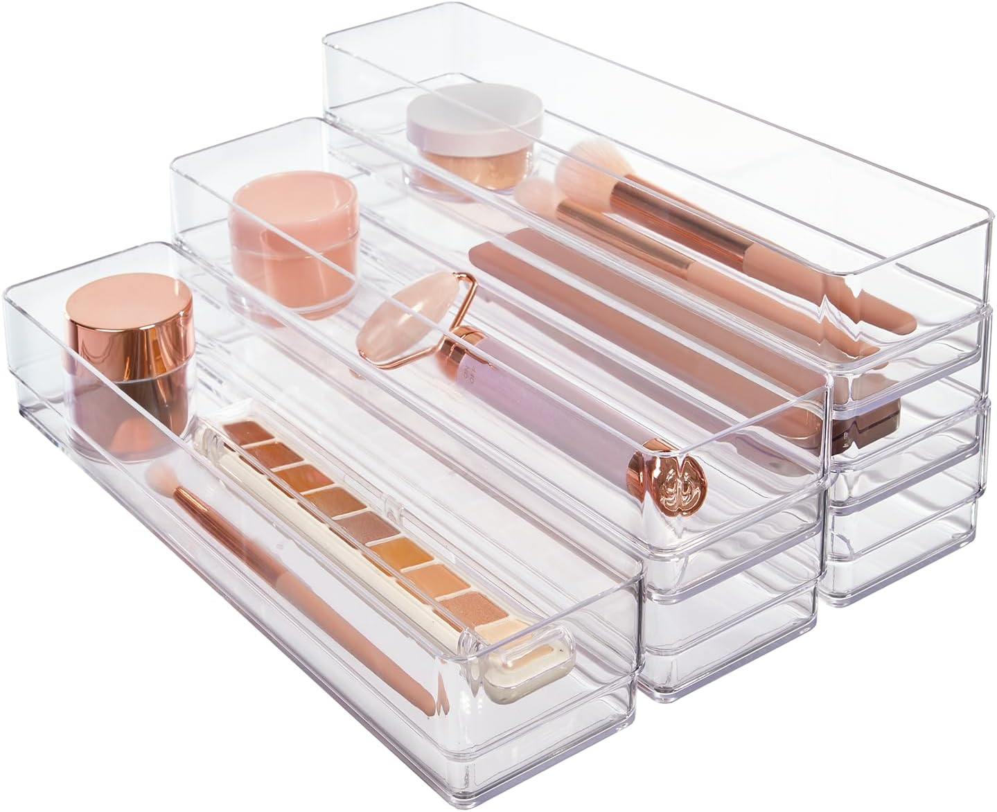 Stori Simplesort 6-Piece Stackable Clear Drawer Organizer Set | 12" X 3" X 2" Rectangle Trays | Narrow Makeup Vanity Storage Bins and Office Desk Drawer Dividers | Made in USA image number 5