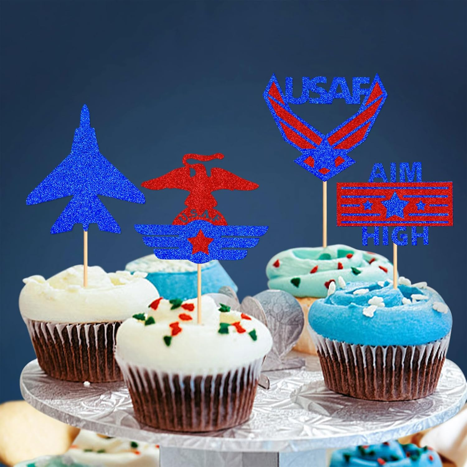 24PCS Military Themed Cupcake Toppers Navy Military Retired Cupcake Picks Navy Bound Themed Cupcake Decorations Retirement Army Birthday Party Cake Decorations Supplies image number 5