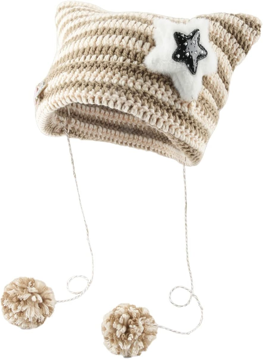 Y2K Beanies Vintage Grunge Crochet Hats for Women Kawaii Cute Fox Cat Knitted Hat Y2K Accessories for Teen Girls