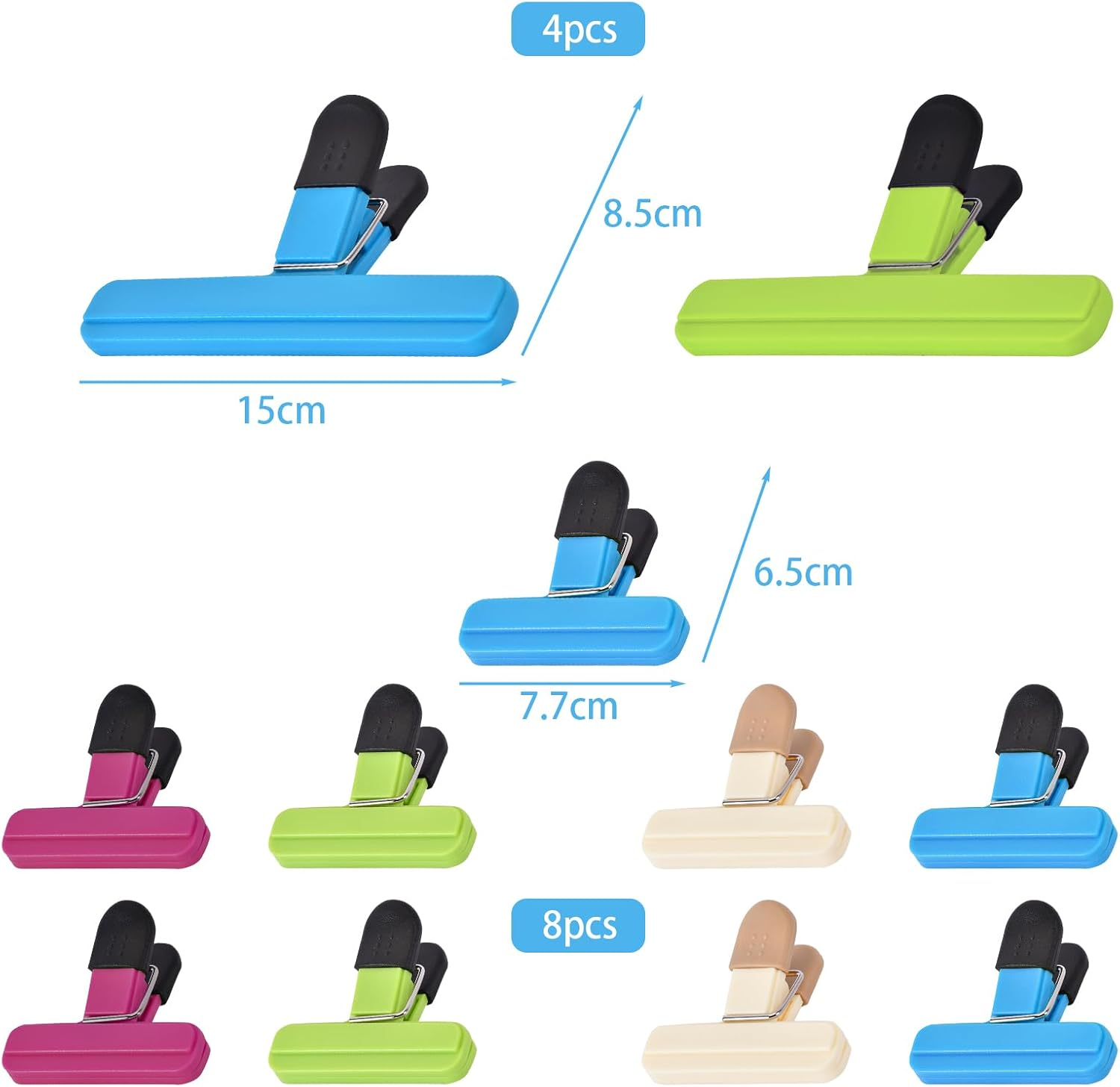 Zhtulck Bag Clips for Food Storage, 2 Sizes - 12 Pcs Food Bag Clips for Food Storage, Reusable Food Clips, Food Clips Bag Sealing Clips for Snacks Coffee Home Kitchen, 4 Color image number 3