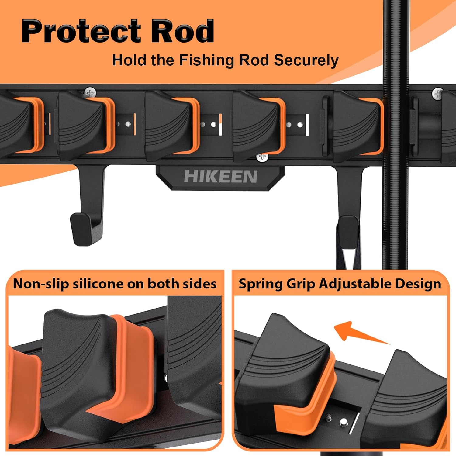 Hikeen Fishing Rod Holders, Wall Mounted Fishing Rod Rack, Fishing Pole Holder Holds up to 8 Rods or Combos, Fishing Rod Holders for Garage with 4 Hooks, Orange, 1 Pack