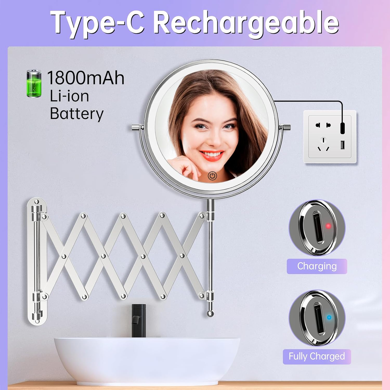 Famihomii Wall Mounted Bathroom Makeup Mirror with Lights, Rechargeable 8 Inch 1X/10X Double Sided Magnifying Mirror with 360&deg; Swivel Bathroom Extendable Arm, Telescoping Mesh Shaving Mirror - Chrome image number 1