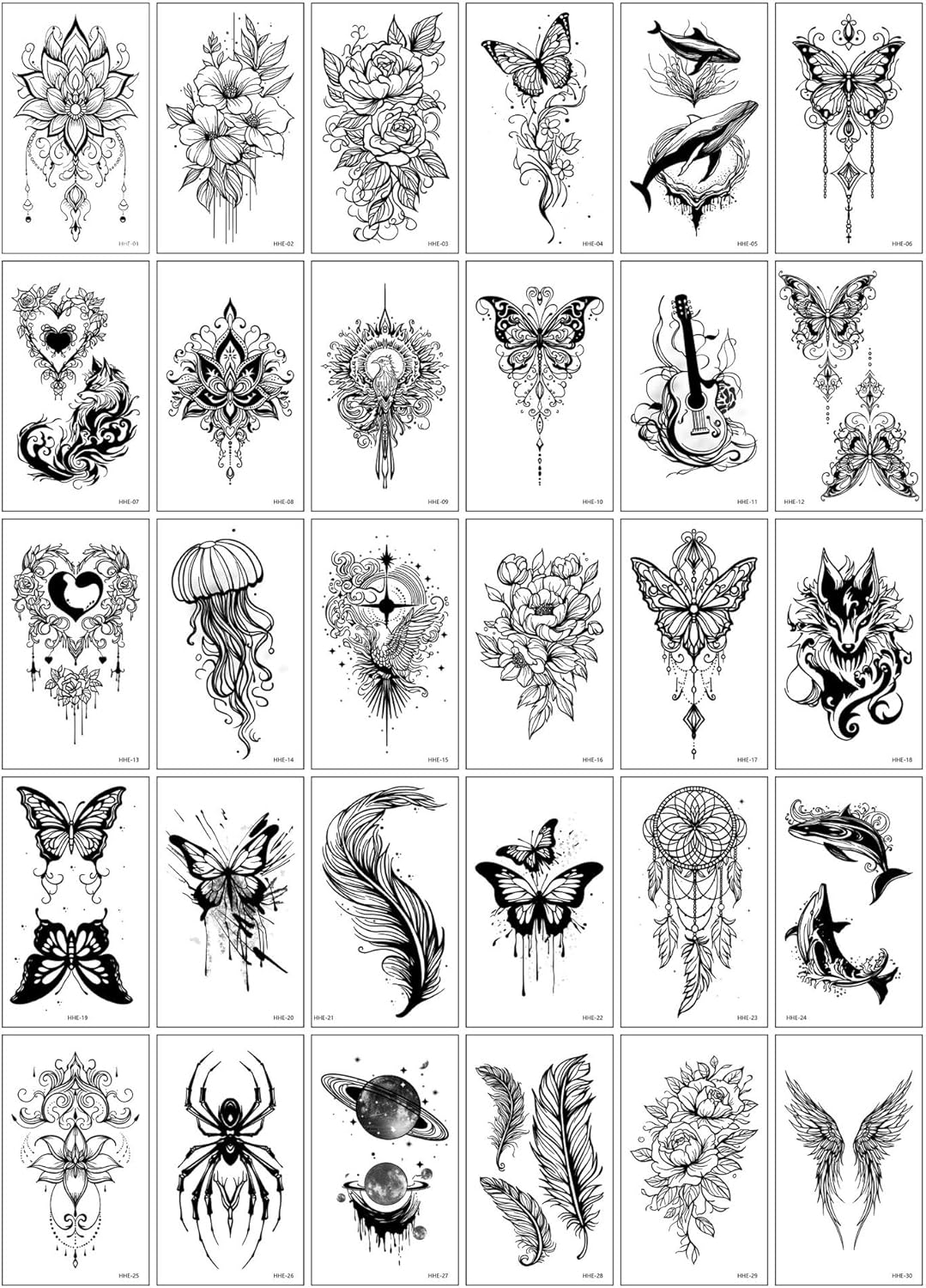 BOROLA 30 Sheets Dark Temporary Tattoos for Women & Men - Black English Letter & Motif Sticker Set, Waterproof Minimalist Body Tattoo Art for Music Festival, Party, Cosplay(Mixed Style C)