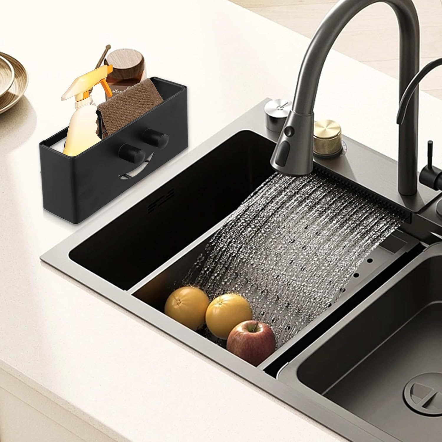 QINGZY Sink Organiser, Smiling Design with Strong Adhesive Hook & 2 Suction Cups, Sink Organiser for Kitchen & Bathroom, Sink Caddy, Sponge Holder, Rustproof, Space-Saving, Wall Mounted image number 6