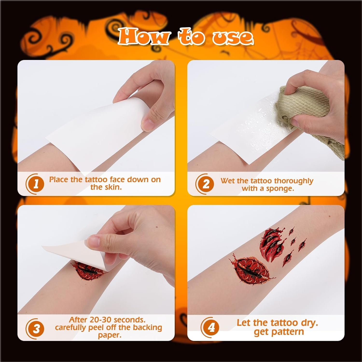 Halloween Temporary Tattoos Zombie Prank Make up Accessories, 20 Sheets Horror Big Mouth Face Tattoos Scars Wound Bloody Stickers Realistic Fake Tattoo for Adults Halloween Cosplay Face Body Art image number 5