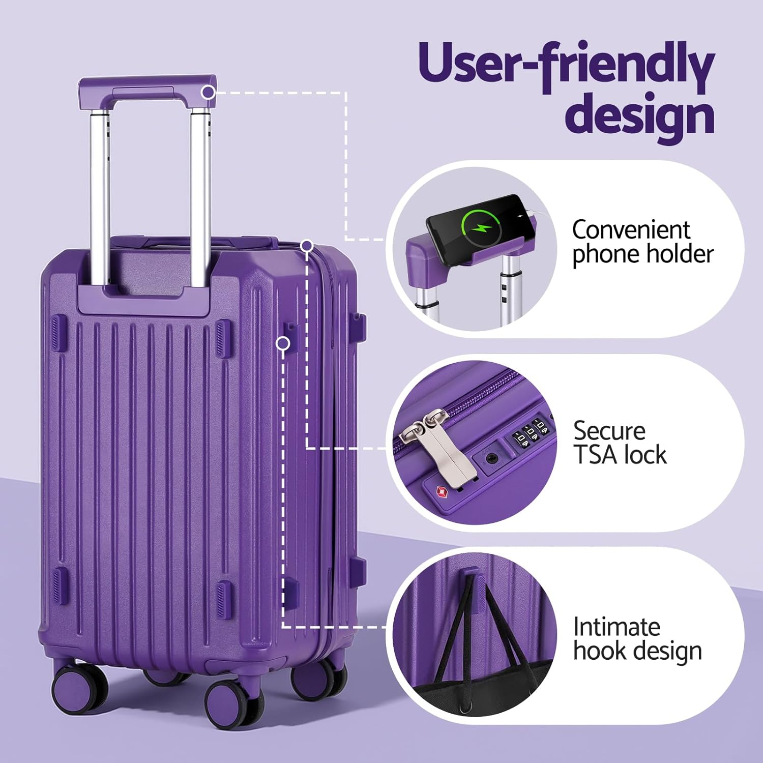 Wanderlite 2Pcs Trunk Luggage Set, 20&rsquo;&rsquo; Suitcase with Larger Capacity, Carry on Luggage with Phone Holder & Hook, TSA Lock, Lightweight Hardshell, Purple image number 1