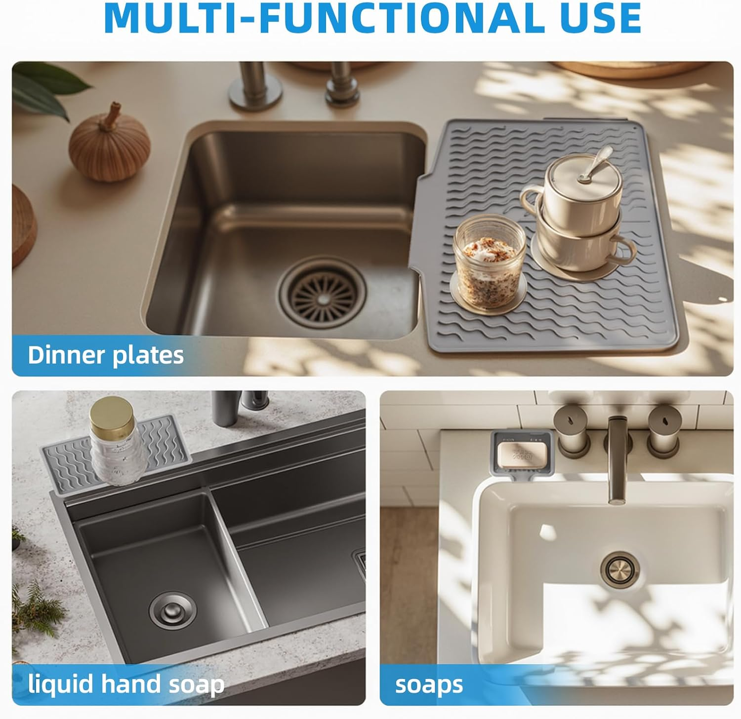 Silicone Dish Drying Mat for Kitchen Counter,Non Slip Drain Pad,Dish Drying Mats with Built in Drain,Large Dish Drying Mat,Silicone Soap Dish,Easy to Clean Drying Pad.Set of 3(Grey) image number 3