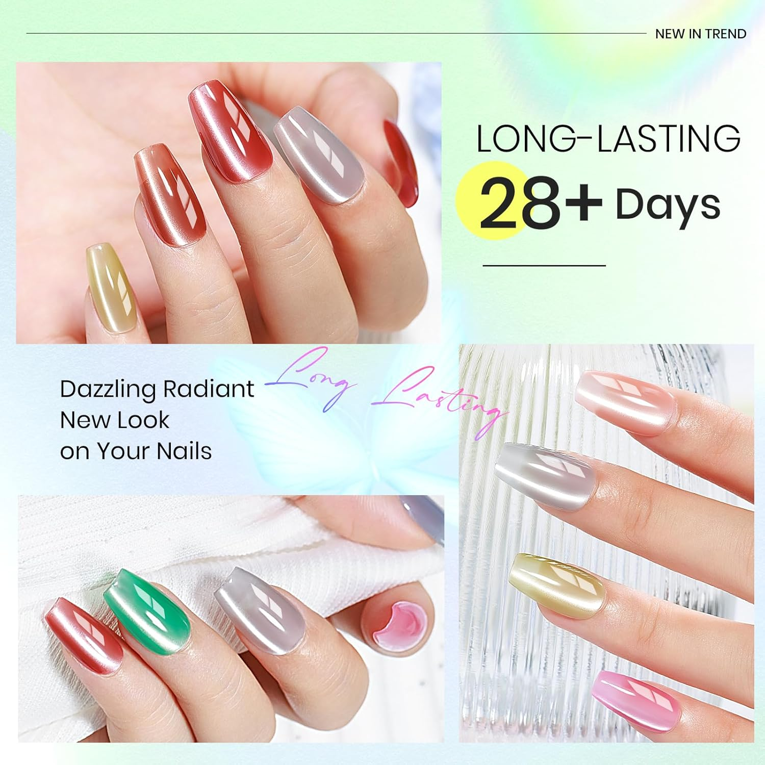 MIZHSE Cat Eye Gel Nail Polish Set: 8 Colors Moonlight Magnetic Gel Polish with Magnet Stick, Glass Effect Shimmer Pink Green Red Colors Ceramic Nail Gel Soak off Nail Art Salon Home for Women image number 2