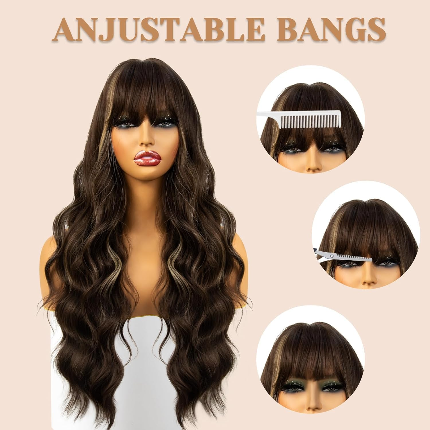 Bangs Wig, Long Synthetic Wig, Wave Wig, Adjustable Bangs Length, Role-Playing Wig, Natural Curly Hair Wig (Brown, 24 Inch) image number 3