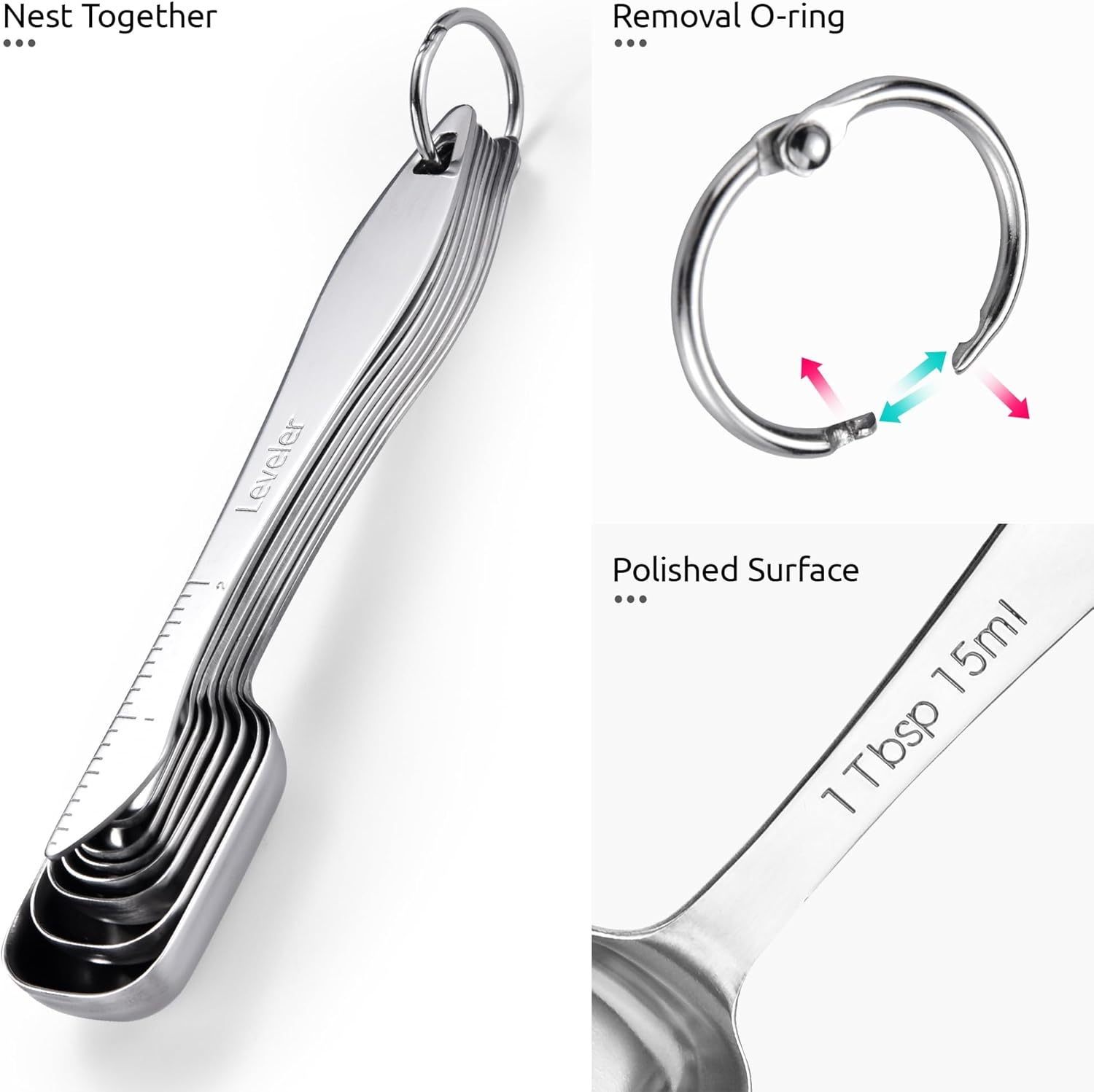 U-Taste 18/8 Stainless Steel Rectangular Measuring Spoons: Narrow Square Measure Teaspoon Tablespoon with Leveler, Heavy Duty Kitchen Metal Jar Scoop for Baking Cooking Ingredients (Set of 8) image number 2