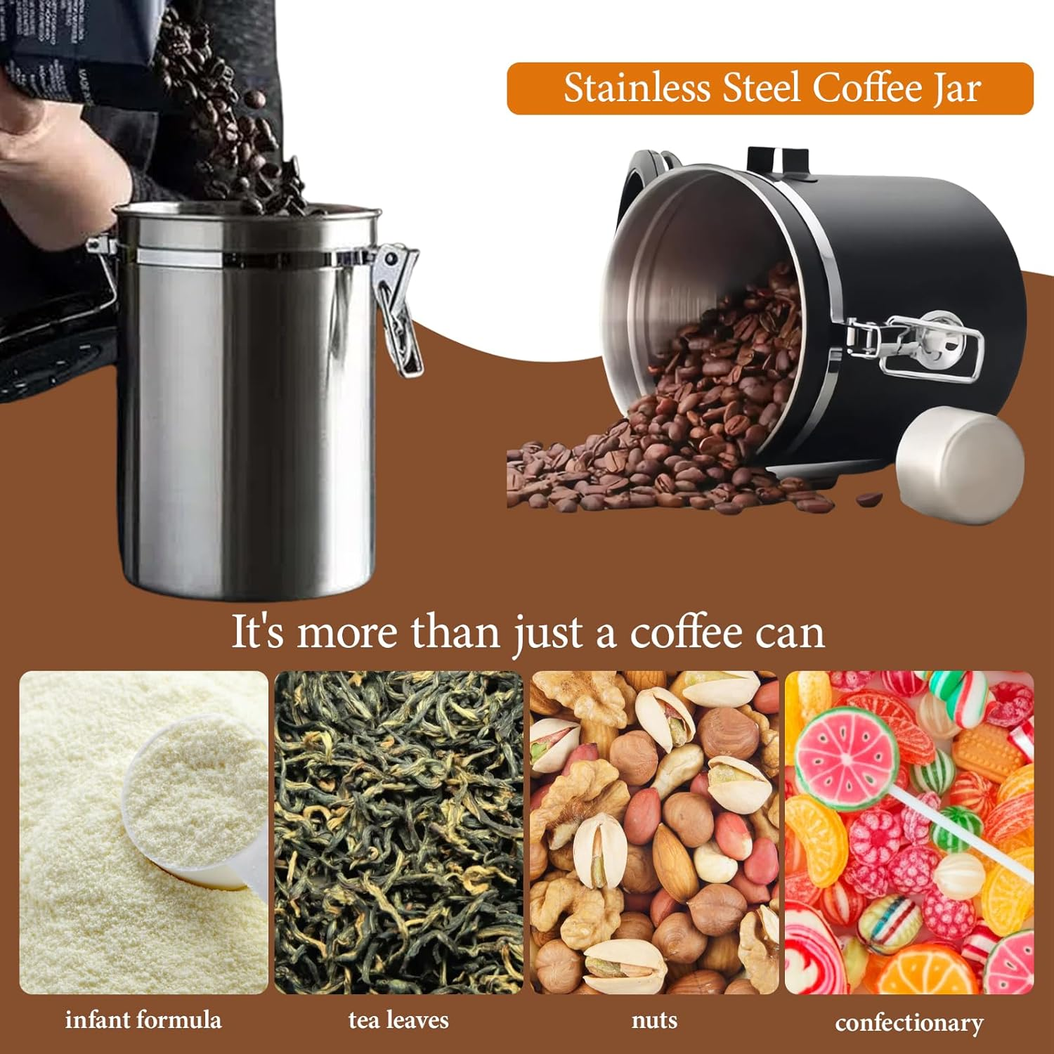 Airtight Coffee Beans Canister, 1.8L Stainless Steel Container, Airtight Stainless Steel Food Storage Container with Date Tracker and Scoop for Grounds Coffee,Beans,Tea,Flour, Cereal,Sugar (Silvery) image number 2