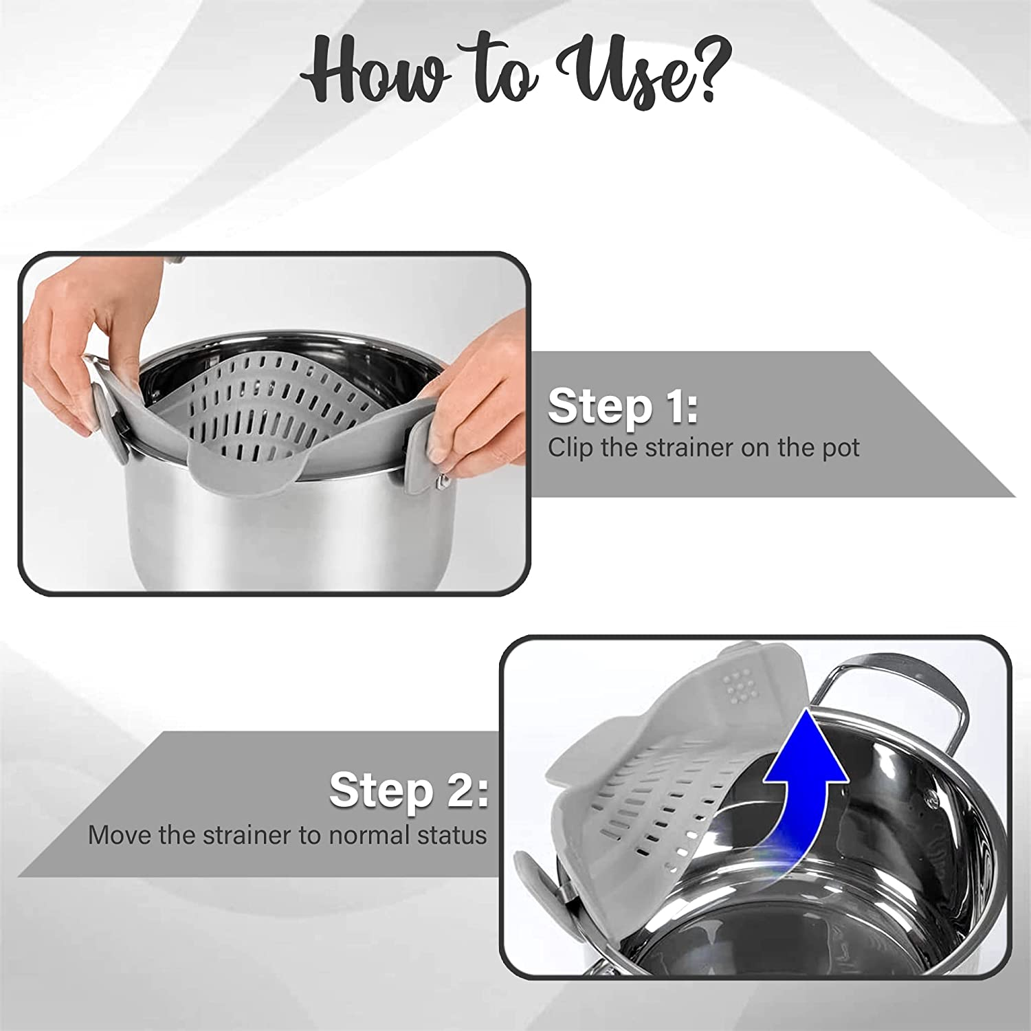 Strainer and Pasta - Adjustable Silicone Clip on for Pots, Pans, Bowls, Kitchen Gadget, Gadgets Home, Must Haves, Fits All Bowls Pots Grey 9.05''X4.92''X2.63'' image number 2