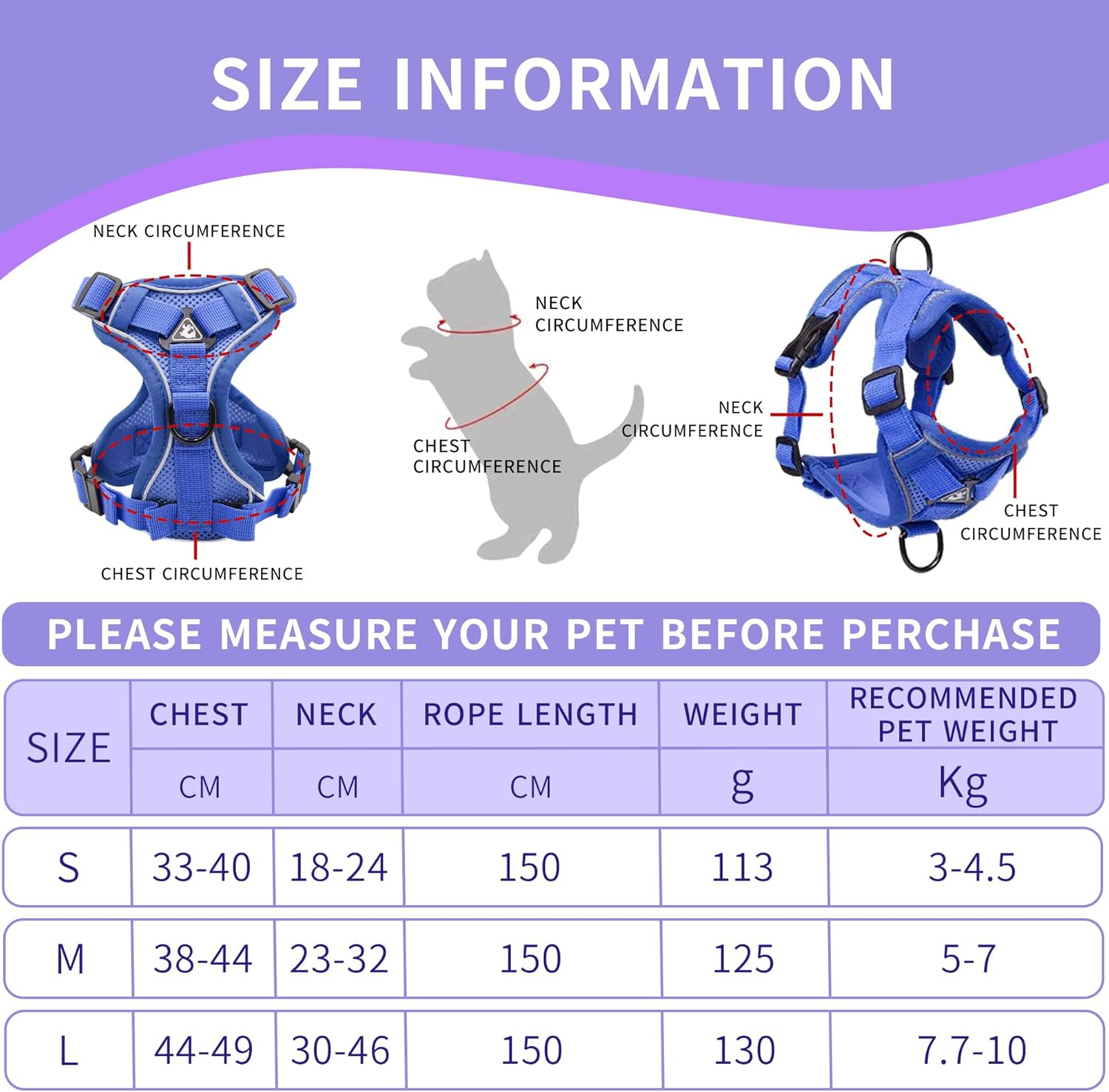 Tikxlafe Cat Harness with Leash, 150 Cm, Cat Leash with Harness, Polyester, Adjustable Cat Leash Set, Escape Proof for Kittens (Blue, M) image number 1