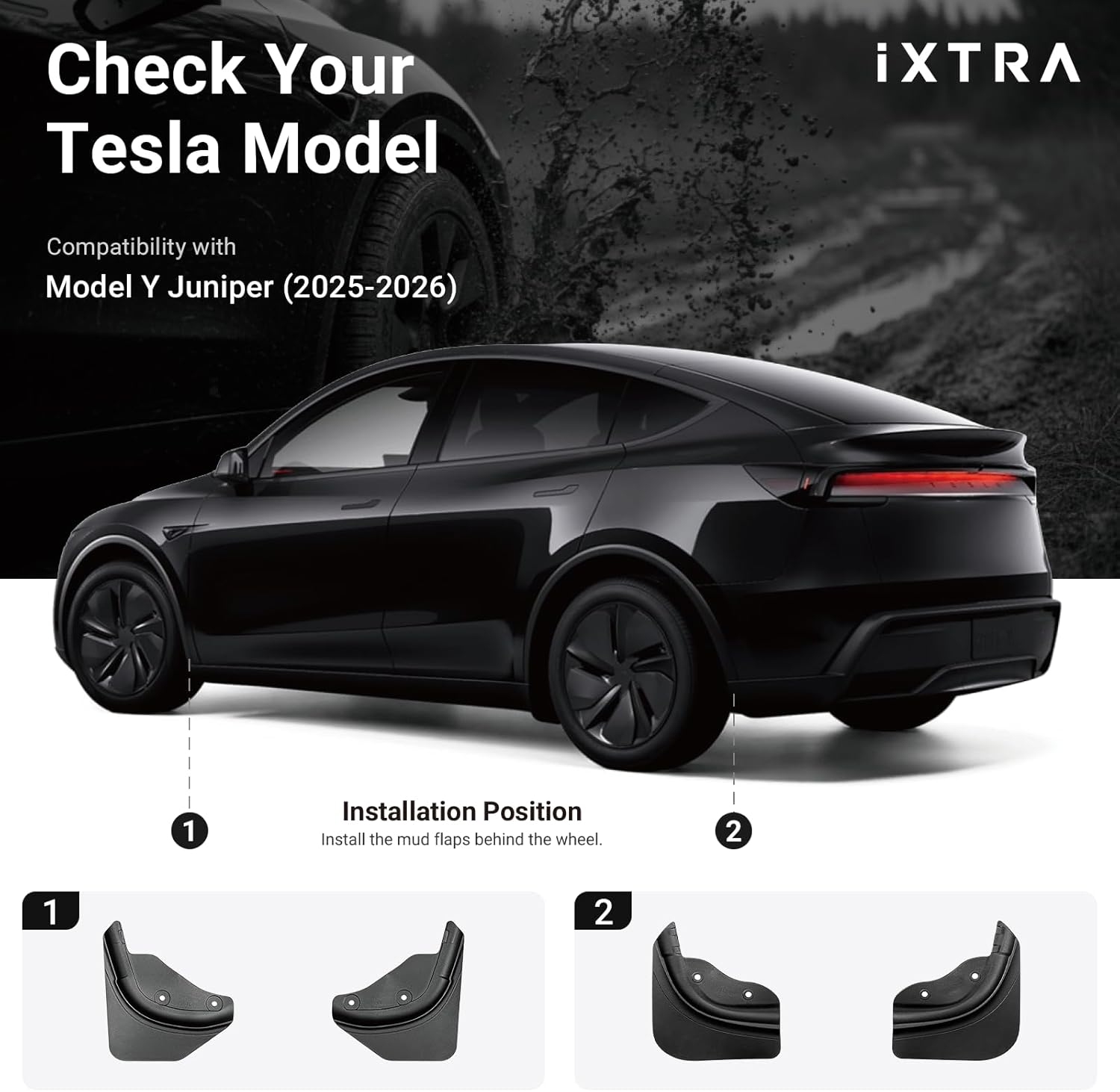 Ixtra Mud Flaps for Tesla Model Y Juniper Accessories 2025&ndash;2026, All-Weather TPE Splash Guards, No-Drill Easy Install, Anti-Scratch Paint Protection Fender Kit (Set of 4) (2025-2026 Model Y Juniper) image number 1
