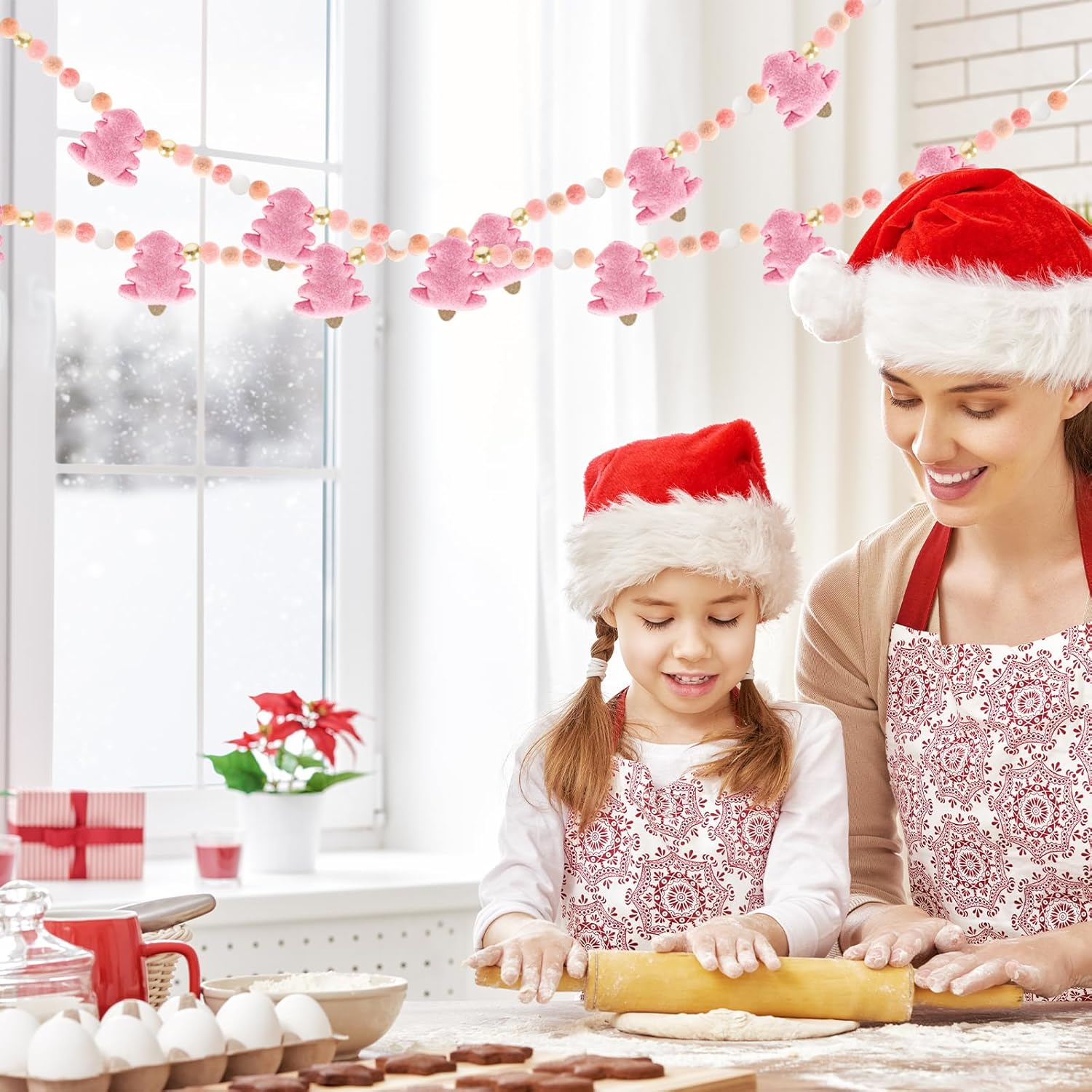 Whaline Christmas Felt Garland 3D Pink Xmas Tree Pom Ball Banner Holiday Decorative Hanging Bunting Garland for Home Mantel Fireplace Window Wall Decor image number 1