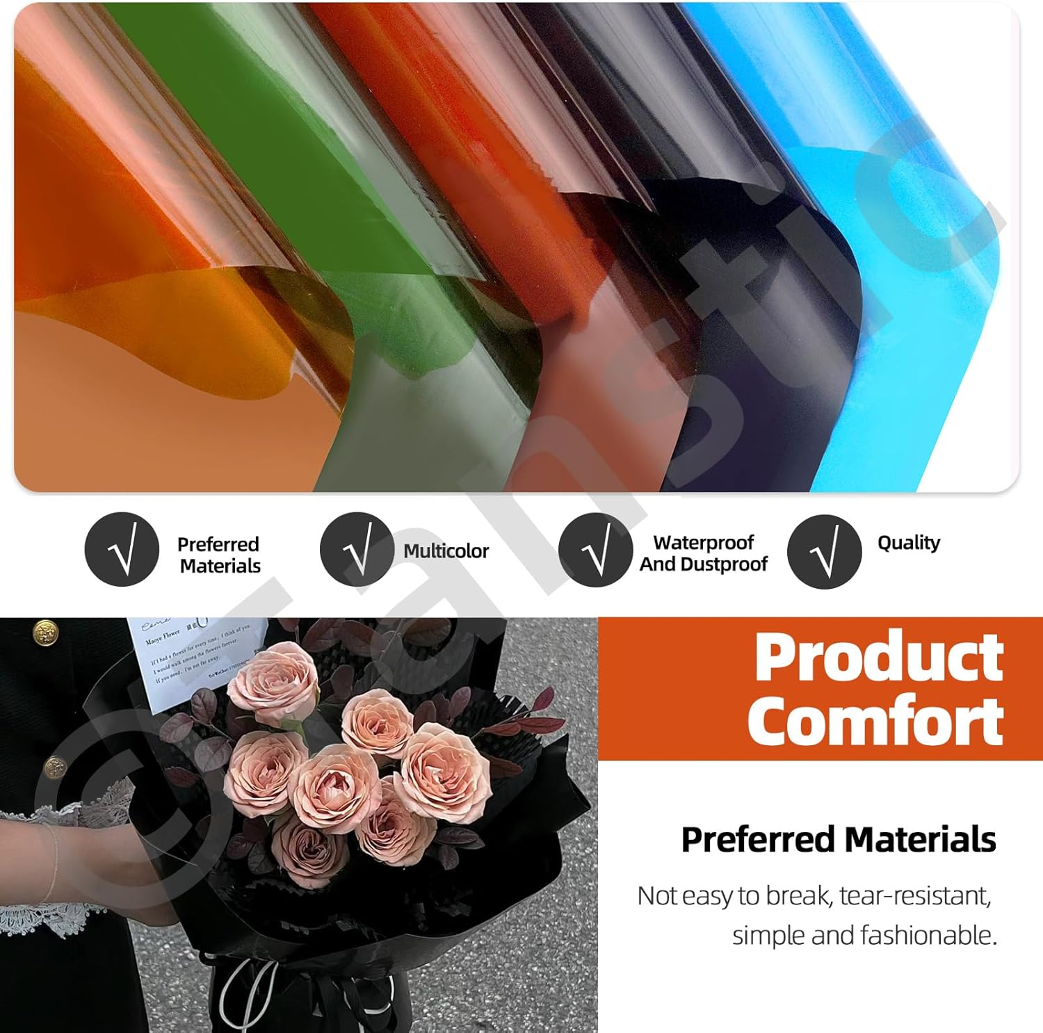 Tanstic 15.7 Inch X 98 Feet Orange Cellophane Wrap Roll, 2.3 Mil Thick Transparent Colored Cellophane Wrapping Paper, Colored Cellophane Paper for Gift Baskets, Treats, Flower image number 1