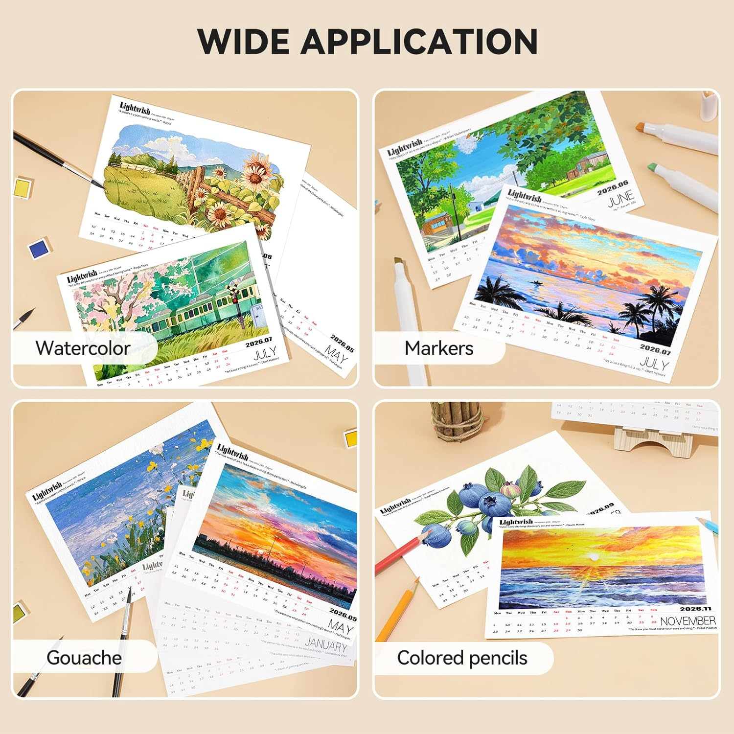 Lightwish Watercolor Calendar Paper for 2026, 100% Cotton, 12 Sheets, 140Lb/300Gsm, Acid-Free Hot Pressed Watercolor Paper, Art Supplies for Watercolor Crafts and DIY Media image number 6