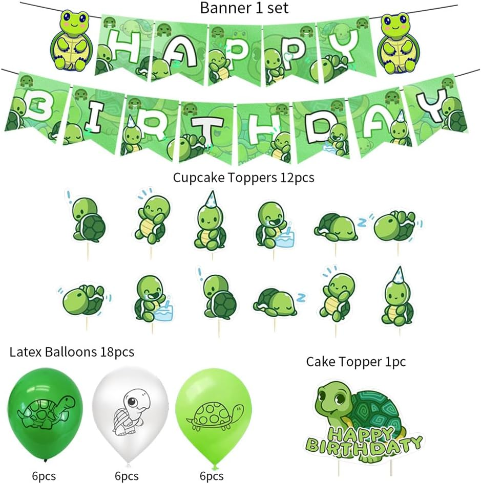 Turtle Birthday Party Decorations Set, Happy Birthday Banner, Balloons, Cake Topper, Cupcake Toppers, 32 Pieces, Green image number 1