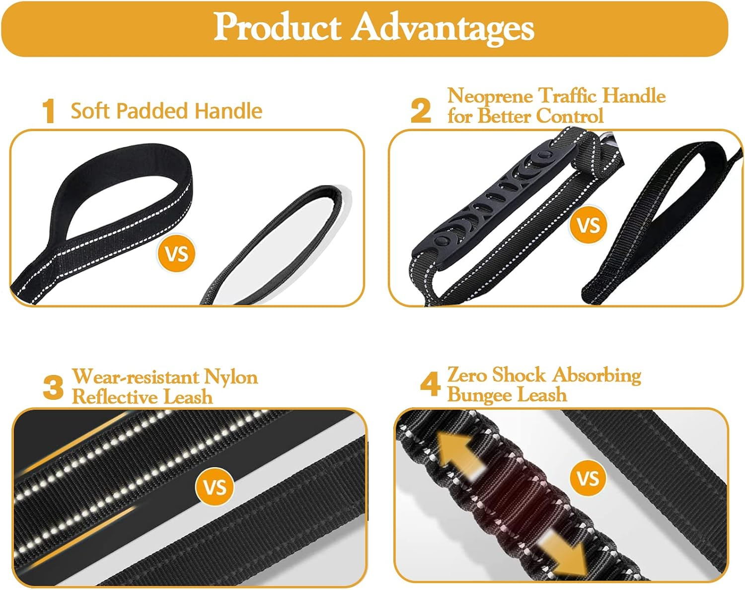 Fashion&Cool Heavy Duty Dog Leash Especially Large Dogs up to 150Lbs, 4-6 Ft Reflective Dog Walking Training Shock Absorbing Bungee Leash Car Seat Belt Buckle, 2 Padded Traffic Handle Extra Control