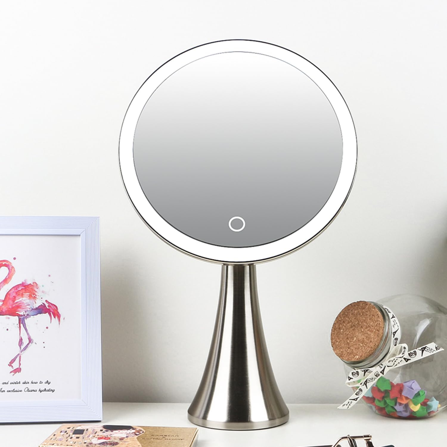 9Inch Lighted round Makeup Vanity Mirror, 5X/10X Dual Magnification with Ultra Bright LED Lights Beauty Mirror, Rechargeable, Cordless, Touch Control Adjustable Brightness, Brushed Stainless Steel
