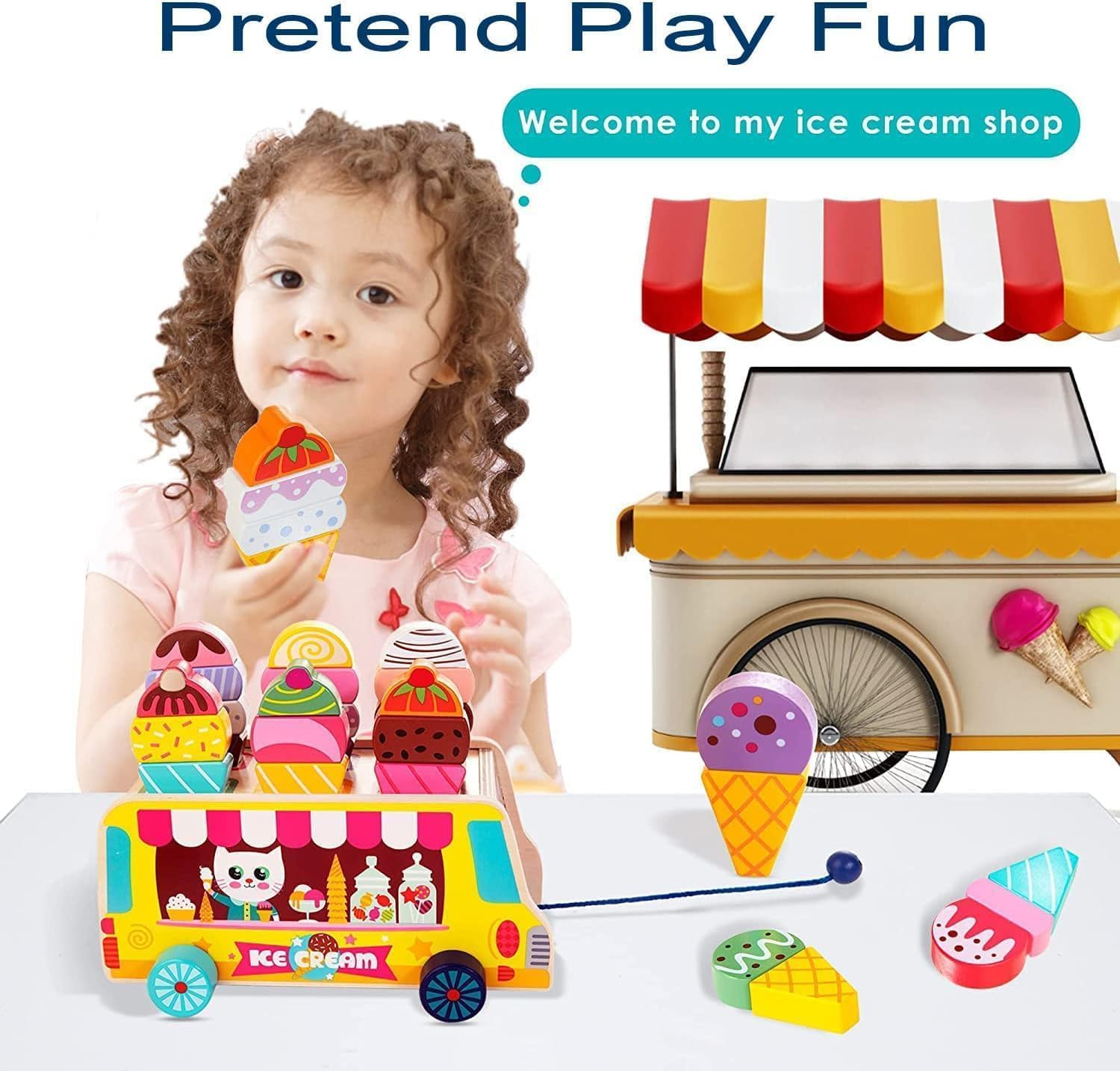Wooden Toys Montessori Sorting & Stacking Toys for Toddler, Wooden Ice Cream Truck Magnetic Ice Cream Sweet Treats Pretend Play Food & Accessories for Baby Girls Boys Age 3+ Gift image number 4