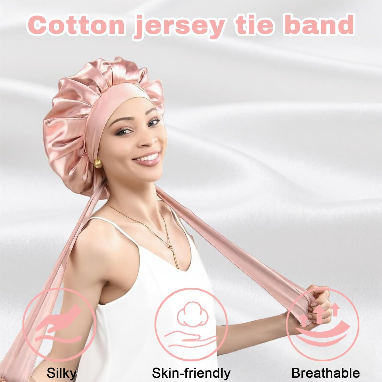Jeyzuroa Silk Bonnet Sleep Bonnet for Women with Adjustable Band - Premium Breathable Satin-Like Hair Wrap Cap for Curly & Natural Hair, Single Layer Night Protection (Pink) image number 5