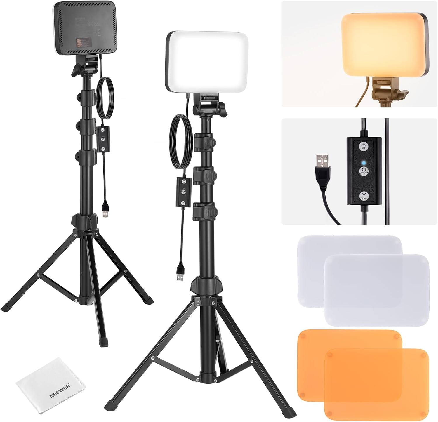 NEEWER Basics Studio Panel Key Lighting Kit, 2 Pack Bi Color LED Video Light with Tripod Stands & Filters, Dimmable Portable 3200K-5600K CRI95 750Lux for Photography Recording Streaming Podcast, BP66