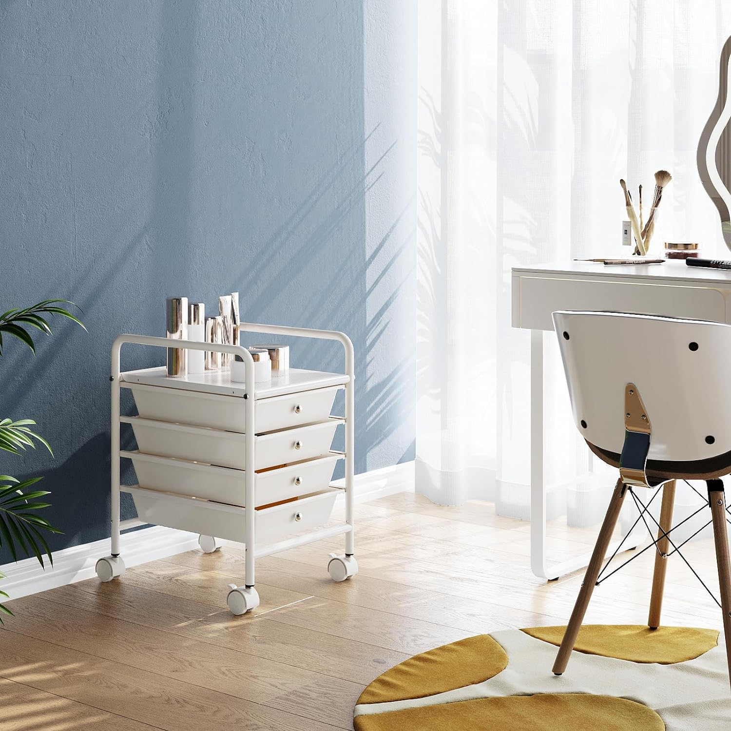 Shrivee 4-Tier Rolling Drawer Trolley with 2 Lockable Wheels, Sturdy Utility Storage Cart for Kitchen Bathroom Office, Ivory White image number 6