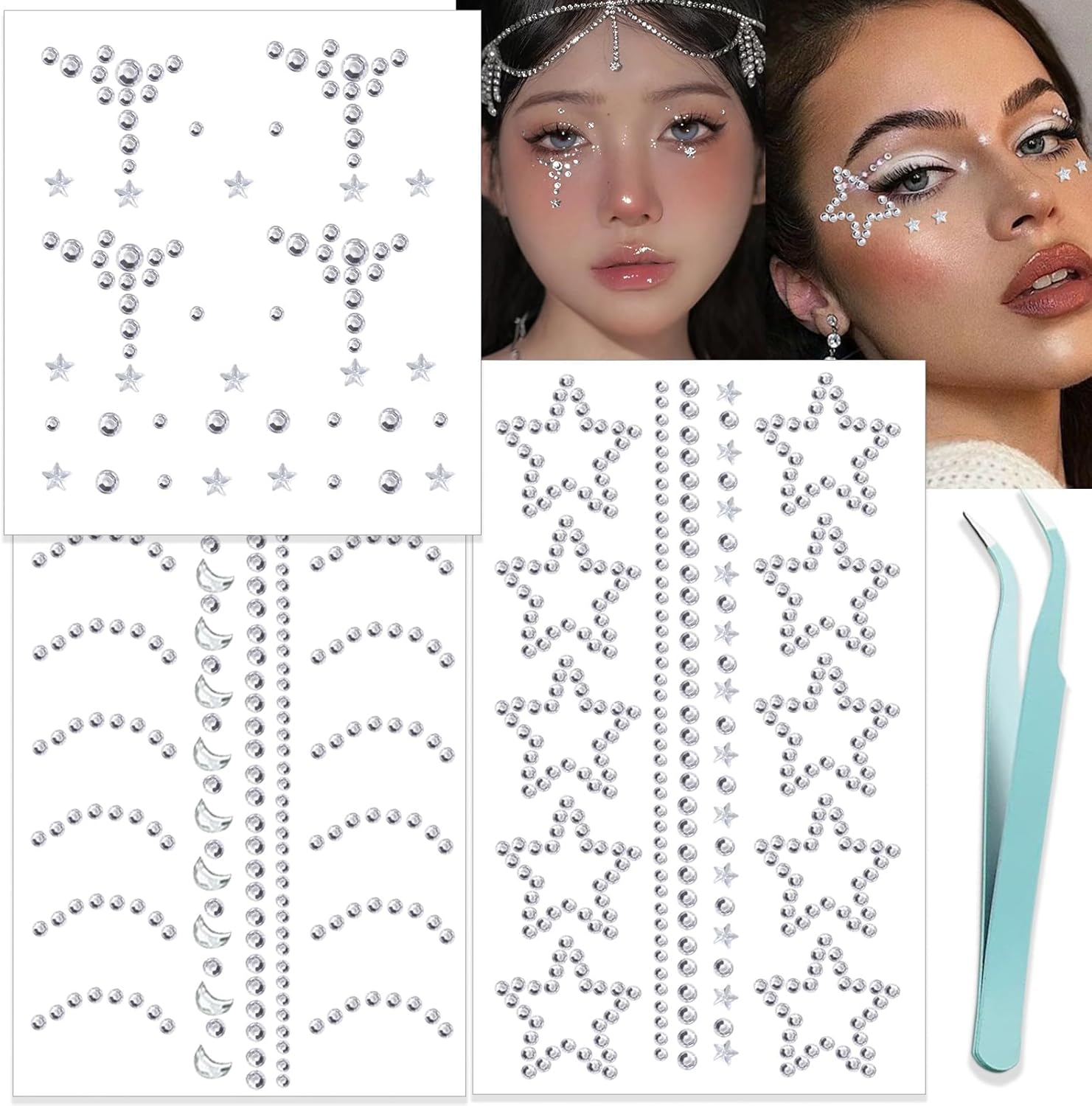 Face Gems and Hair Gems, Self-Adhesive Rhinestones for Face, Eyes, Body and Hair | DIY Stick on Jewels, Crystals, Pearls for Makeup, Crafts by Quttly (Star)
