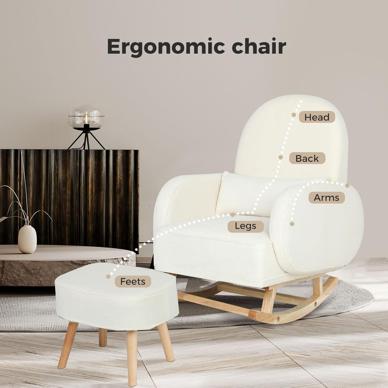 Levede Rocking Chair Nursery with Ottoman, Upholstered Glider Armchair with Footrest for Living Room or Bedroom, Ergonomic Cloud Design, Solid Wood Base, Max Load 85Kg, Beige image number 3