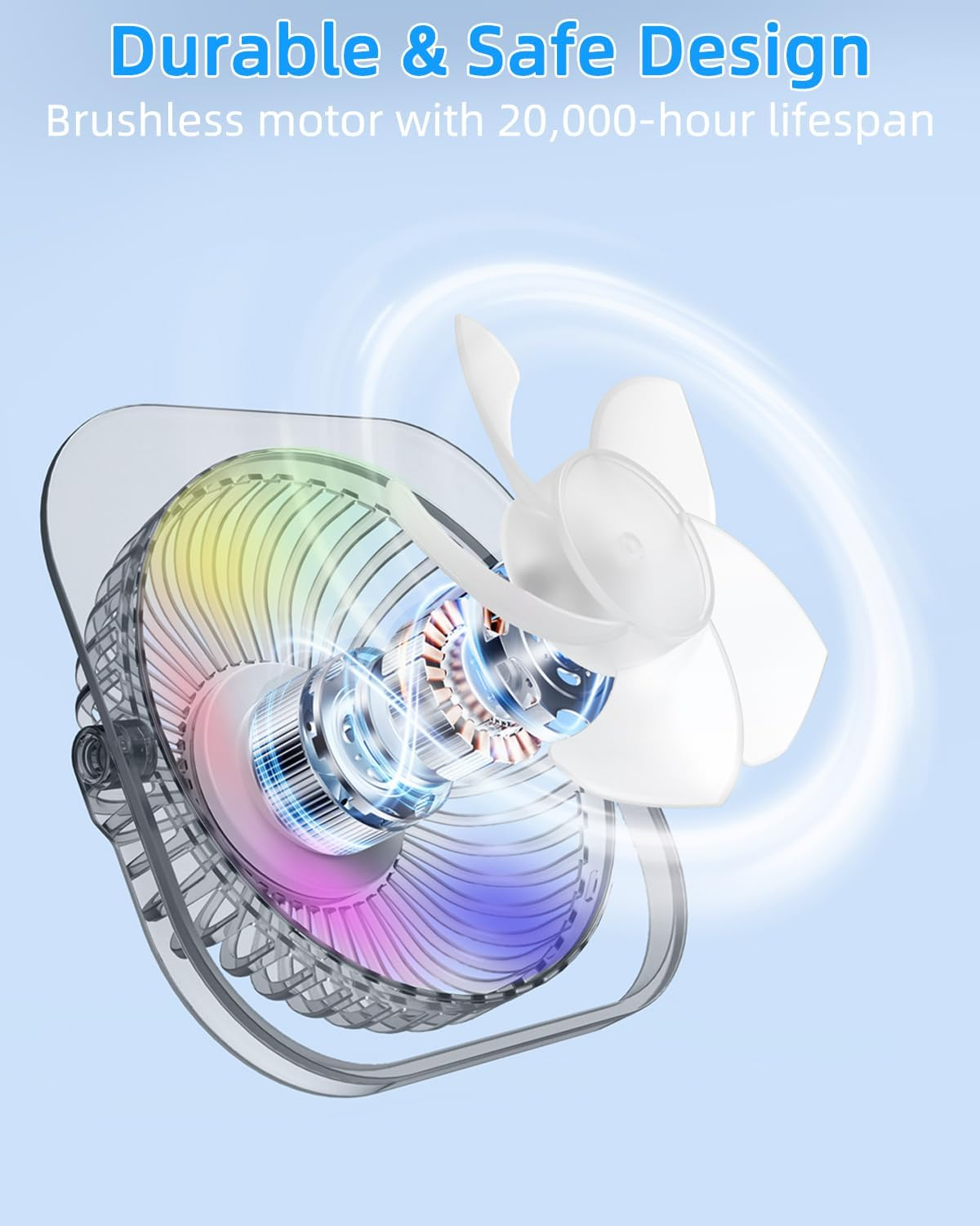 GOBRILLFUN Desk Fan with 3 Speeds, 180&deg; Rotation & Anti-Slip Base &ndash; Usb-Powered RGB Gaming Quiet Cooling Fan for Home, Office, Gaming &ndash; 20,000 Hr Durable Brushless Motor (Transparent Grey) image number 2