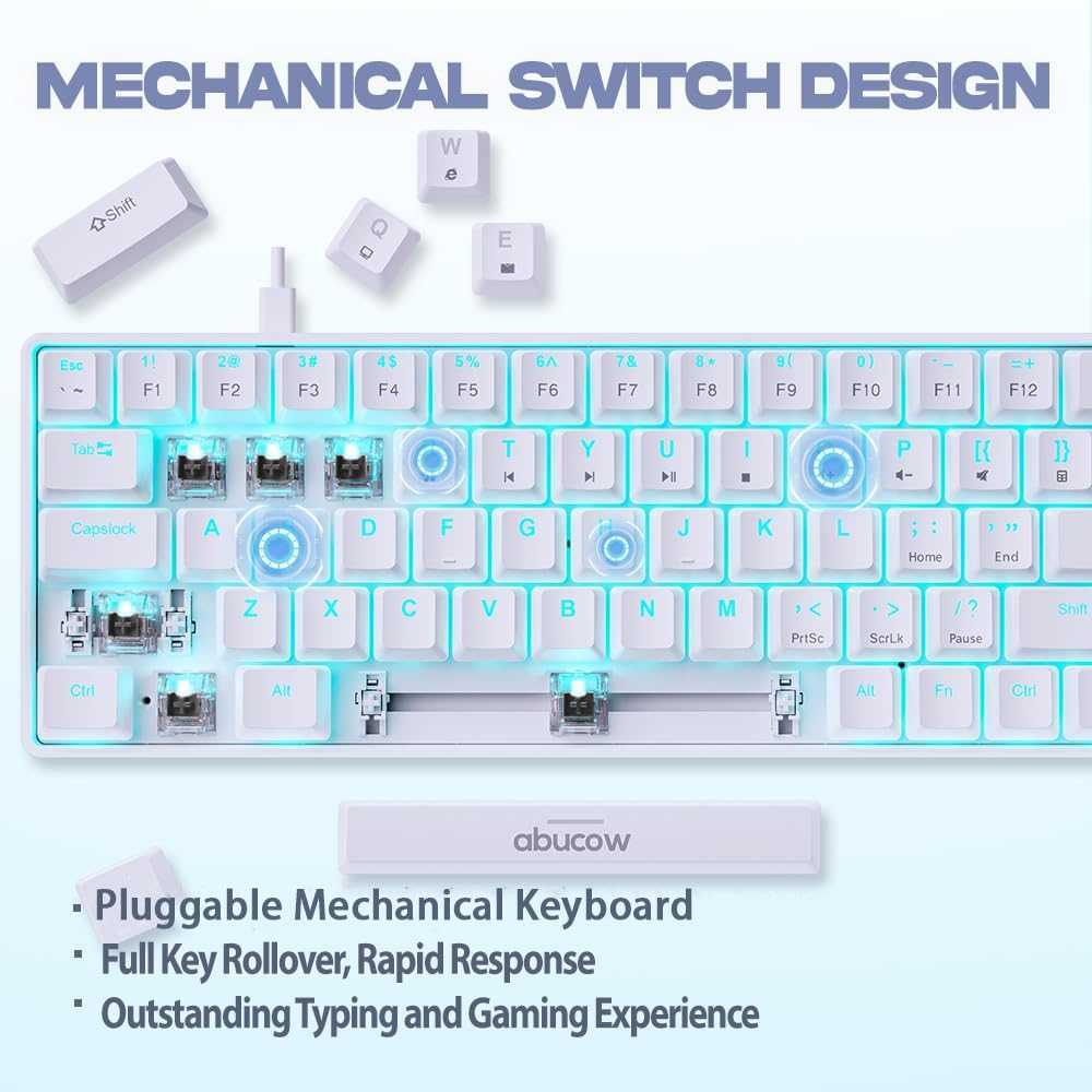 Abucow 60% Mechanical Gaming Keyboard, Black Switch Wired Compact Keyboard with Blue Backlight, Swappable White Keycaps, for Windows/Mac - Blue-White image number 3