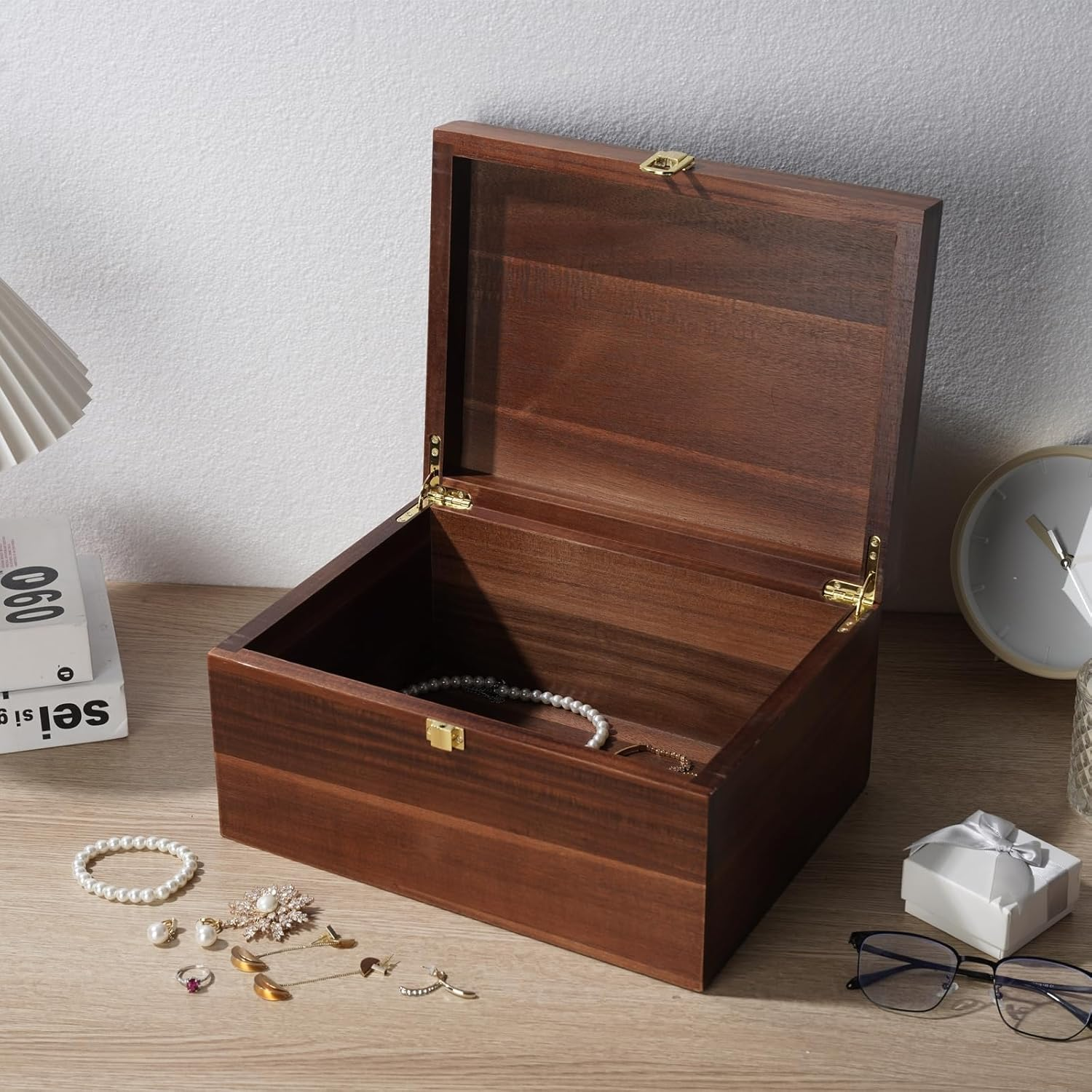 Large Wooden Storage Box - Wood Box with Lid for Home Decor, Ideal for Keepsakes, Trinkets, Jewelry & Other Stash, 11X 8.9X4.9 IN, Rustic Design-Wb004- Large, Brown image number 2