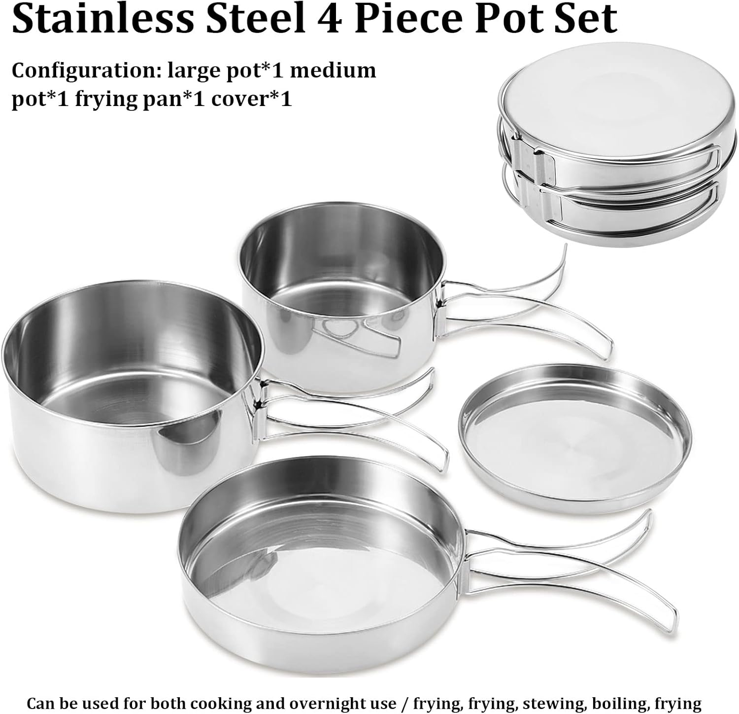 Camping Pots Pans, 4 Pieces Portable Stainless Steel Cookware Set Camping Picnic Outdoor Pan Pot Plate Tableware image number 1