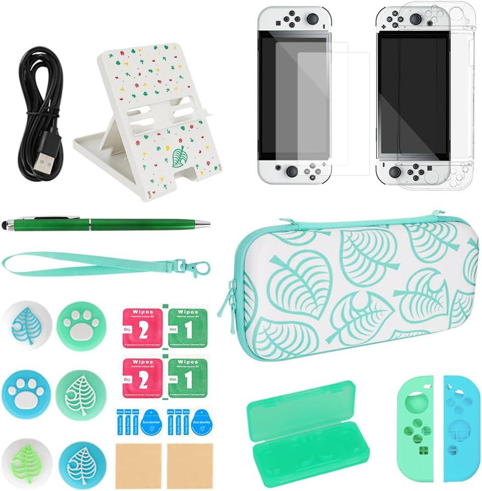 WOTOW 27 in 1 Accessory Kit for Nintendo Switch OLED with Animal Crossing Bag, Protective Crystal Cases for OLED, Tempered Films, Stand, Remote Sensing Caps, Game Card Case image number 3
