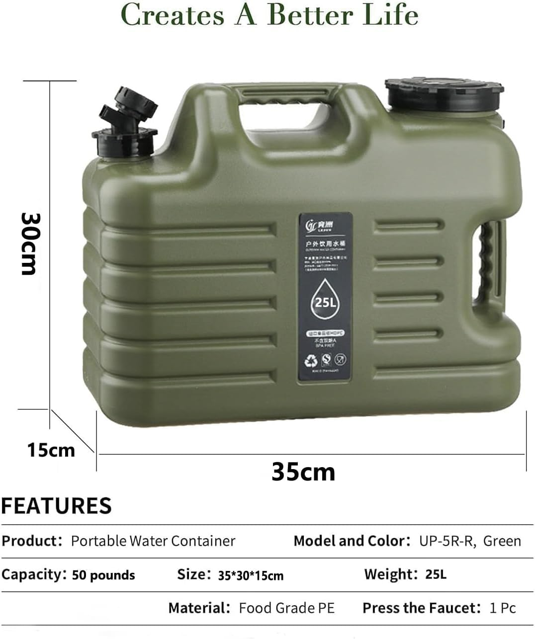 25L Camping Water Container with Spigot Emergency Water Storage Containers Water Jug for Camping Portable Water Tank with Spigot BPA Free Military Green Bucket for Camping Hiking BBQ image number 2