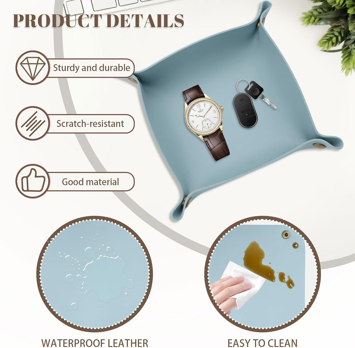 Sekonow 3 Pack Leather Valet Tray, 3 Sizes Catchall Tray Desk Organizer for Key Jewelry Trinket Watch Perfume Coin, for Entryway Table Nightstand Dresser Vanity Travel, Blue - Blue image number 4