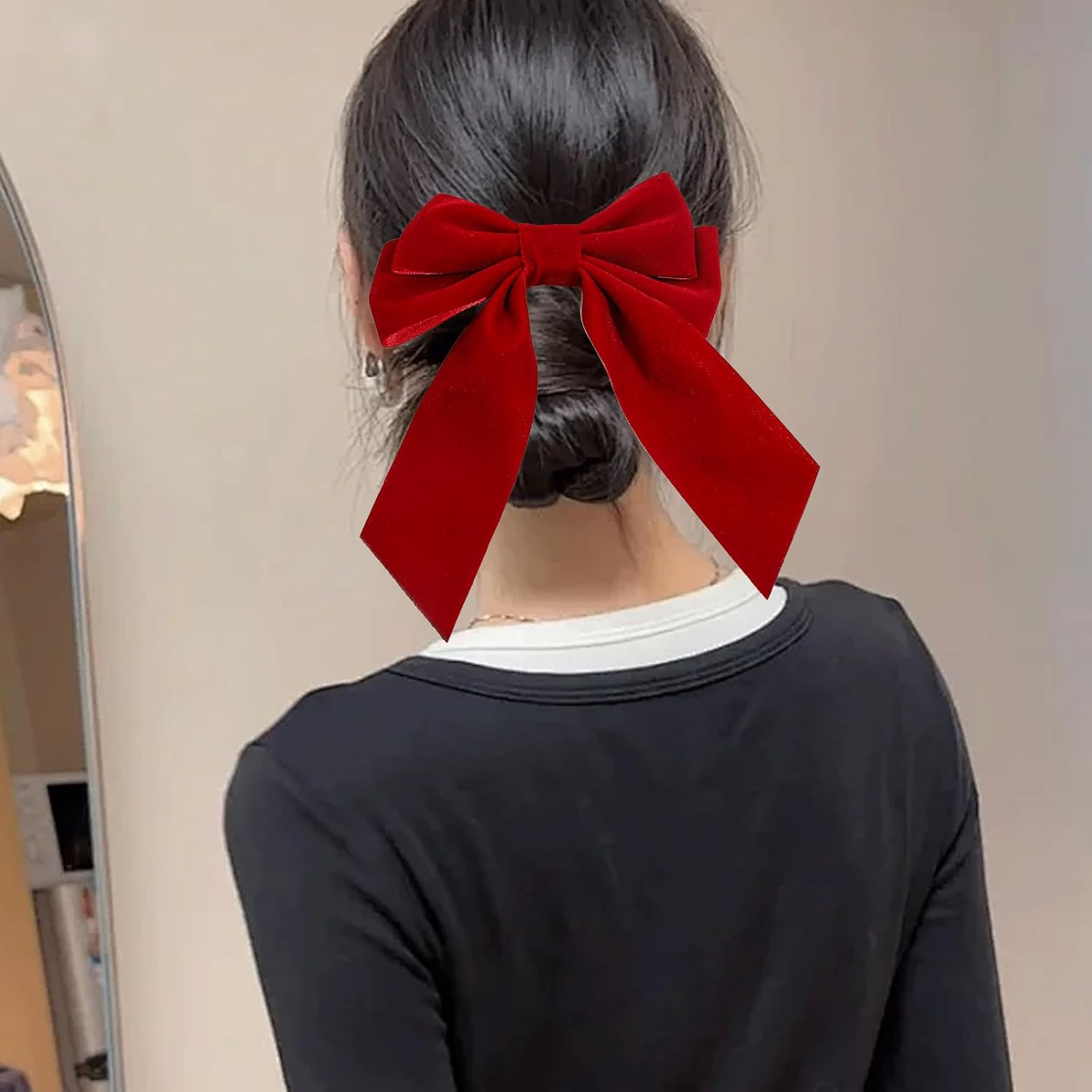 AYNKH 3 Pieces Solid Color Double Velvet Hair Clips with Long Floating Ribbon French Long Bow Vintage Hair Accessories for Girls and Women, Suitable for Autumn and Winter image number 4