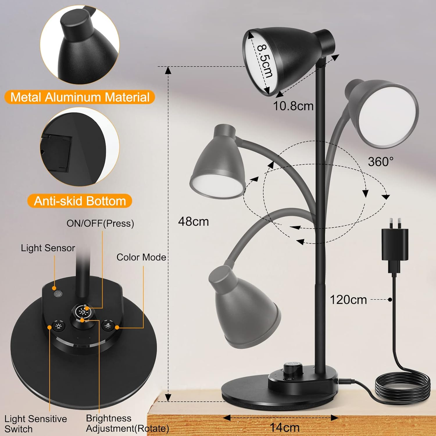 Eocean LED Desk Lamp, Dimmable beside Table Lamp with USB Charging Port, Rotary Switch Study Lamp with Intelligent Induction Auto, Flexible Gooseneck Reading Light for Home Office, 3 Color Modes