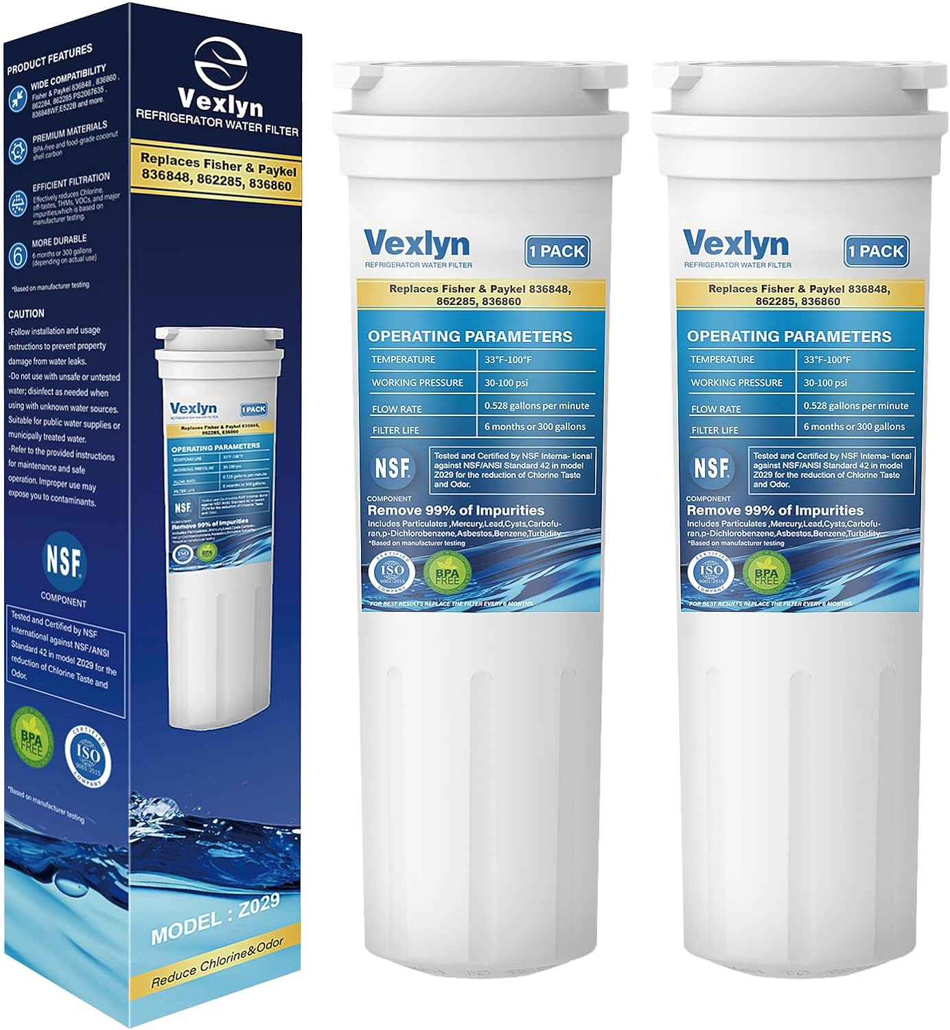 836848 Refrigerator Water Filter Replacement for Fisher&Paykel 836860,862284,862285,E404Brxfdu,Eff-6017A,E522B,E402B,E442B,Rf90A180Du,Ps2067635,Rf402B,Wf60,Wf296,Pack of 2 image number 4
