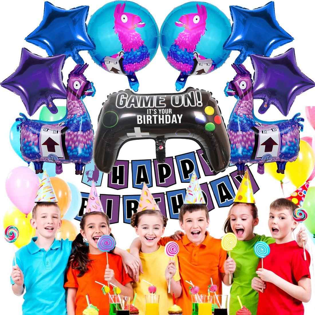 Video Game Party Balloons and Banner Set (Pack of 10) - Blue, Purple Star Foil & Paper Balloons - Gamepad, Alpaca & Star Shapes - Reusable - Perfect for Kids' Birthday Parties image number 3