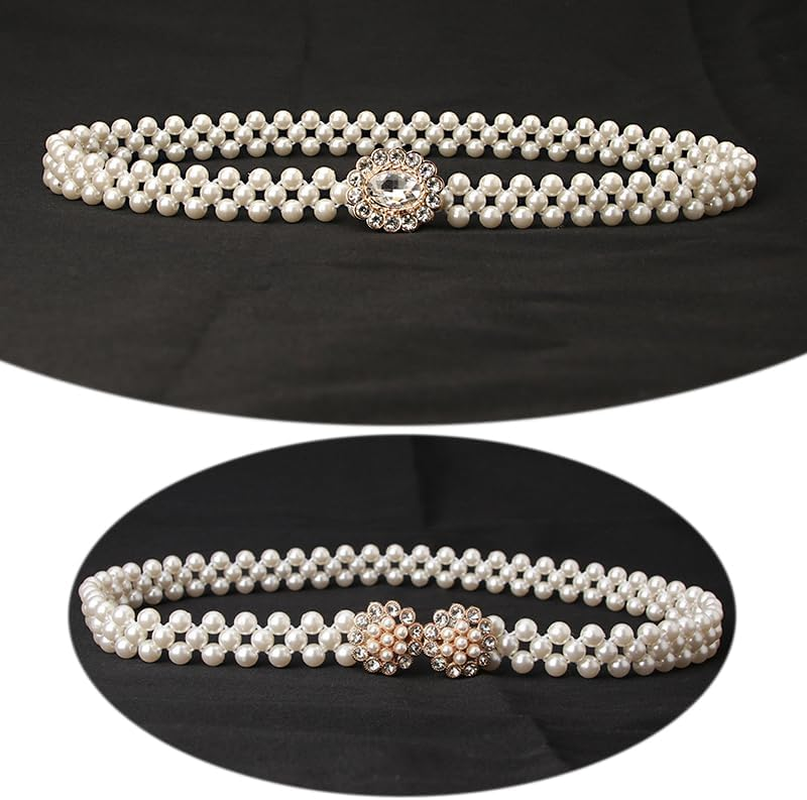 AIMALL Elegant Women'S Pearl and Rhinestone Bead Chain Belt, 26.4 Inch Decorative Dress Waistband, Chic Accessory for Formal and Casual Outfits image number 2